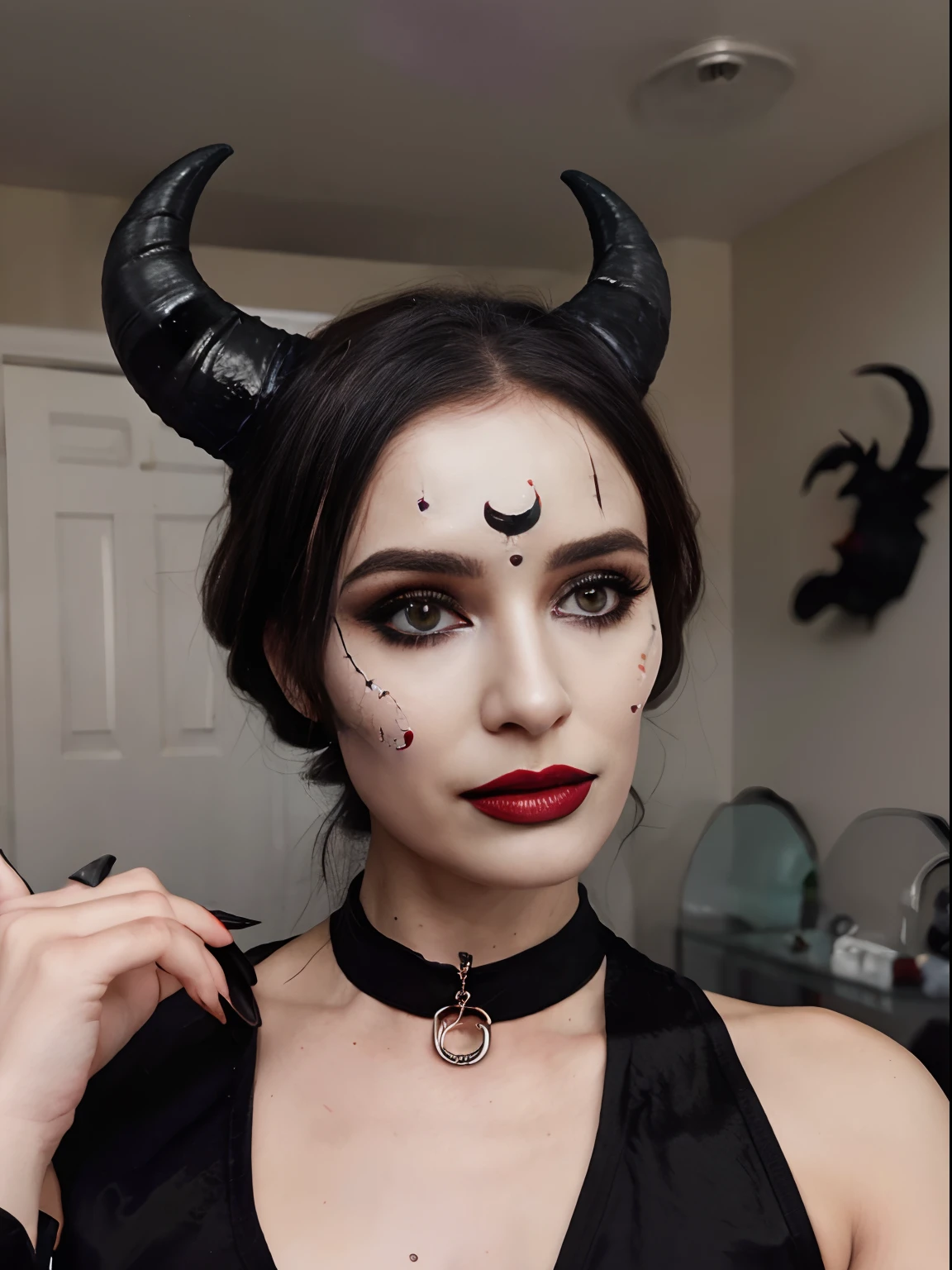 (photo: 1.3) af (realistic: 1.3),Halloween Makeup,a woman dressed as maleficent holding her horns, in the style of appropriation artist, hyper-realistic sculptures, mesmerizing optical illusions, jocelyn hobbie, snapshots of iconic hollywood stars, intense close-ups, dau al set