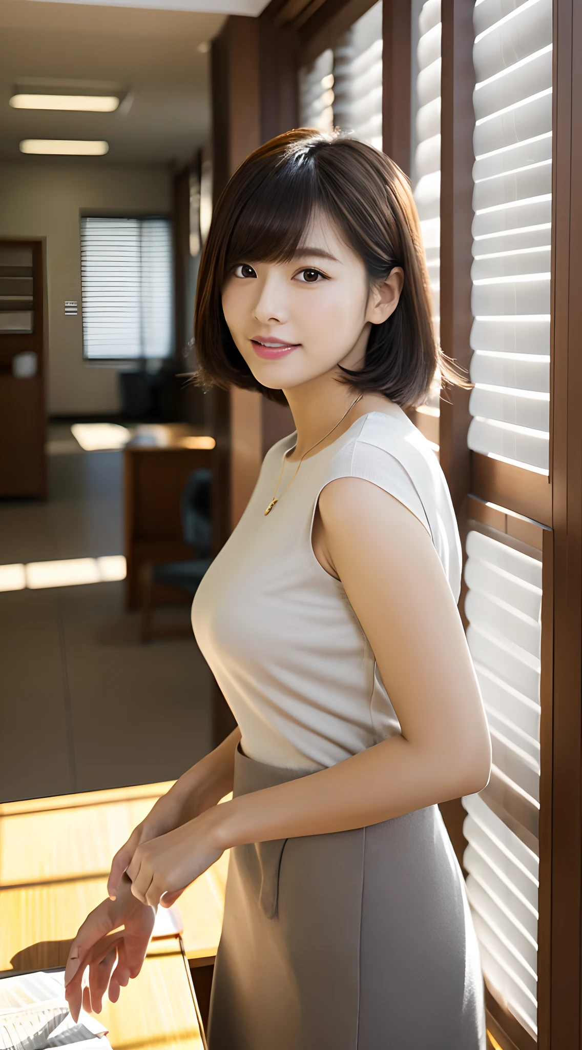 8K、top-quality、masterpiece、超A high resolution、a picture、Beautiful Japan female elegance、SLR、There is a good、Transparent atmosphere、sexy lip、oblique bangs、Beautiful face、Very short、short-cut、short-hair、Making bangs、Laugh、natural soft light、1girl in、de pele branca、Look into the distance、Duck mouth、Hanging eyes、Thin thin eyebrows、Brown-eyed、tall、well-shaped bust of moderate size,,,,,、You can see the shape of the chest、pureerosface、cowboy shot、a necklace、wrist watch、24 year old、Grey Turtleneck Knit T-Shirt、Silk、cashmere、turtle neck、Smooth fabric、Sleeveless、Calm fashion、Tight、Futomo、Clean office、Large blinds、white walls、There are large windows on the walls.、Huge office、high ceilings、Deep passage、up chest、Mini skirt、sideways Facing、stick out buttocks、Keep the file box、Carry a bunker box