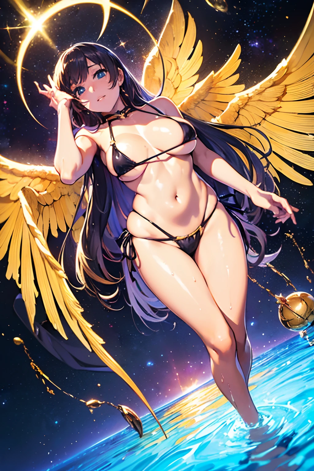 ((masutepiece)), Best Quality, Super Detail, HDTV, Highly detailed CG unified 8K wallpaper, Perfect Anatomy, Cinematic Light, Detailed hand, ((((High angle)))), (One woman with big breasts with sexy charm), ((High definition beauty face,Full body)), ((angelicales,Six Wings,Golden wings,A glowing ring overhead,Swimwear with a small area,maikurobikini,Black Micro Bikini,Golden edging)), ((Fantastic space,cosmic space,Starshine,float,bewitching poses)), (Big background), (Eye of Detail: 1.4), (Wet body)), Shiny skin, Fine-grained skin, Fine-grained hair, Cowboy Shot,