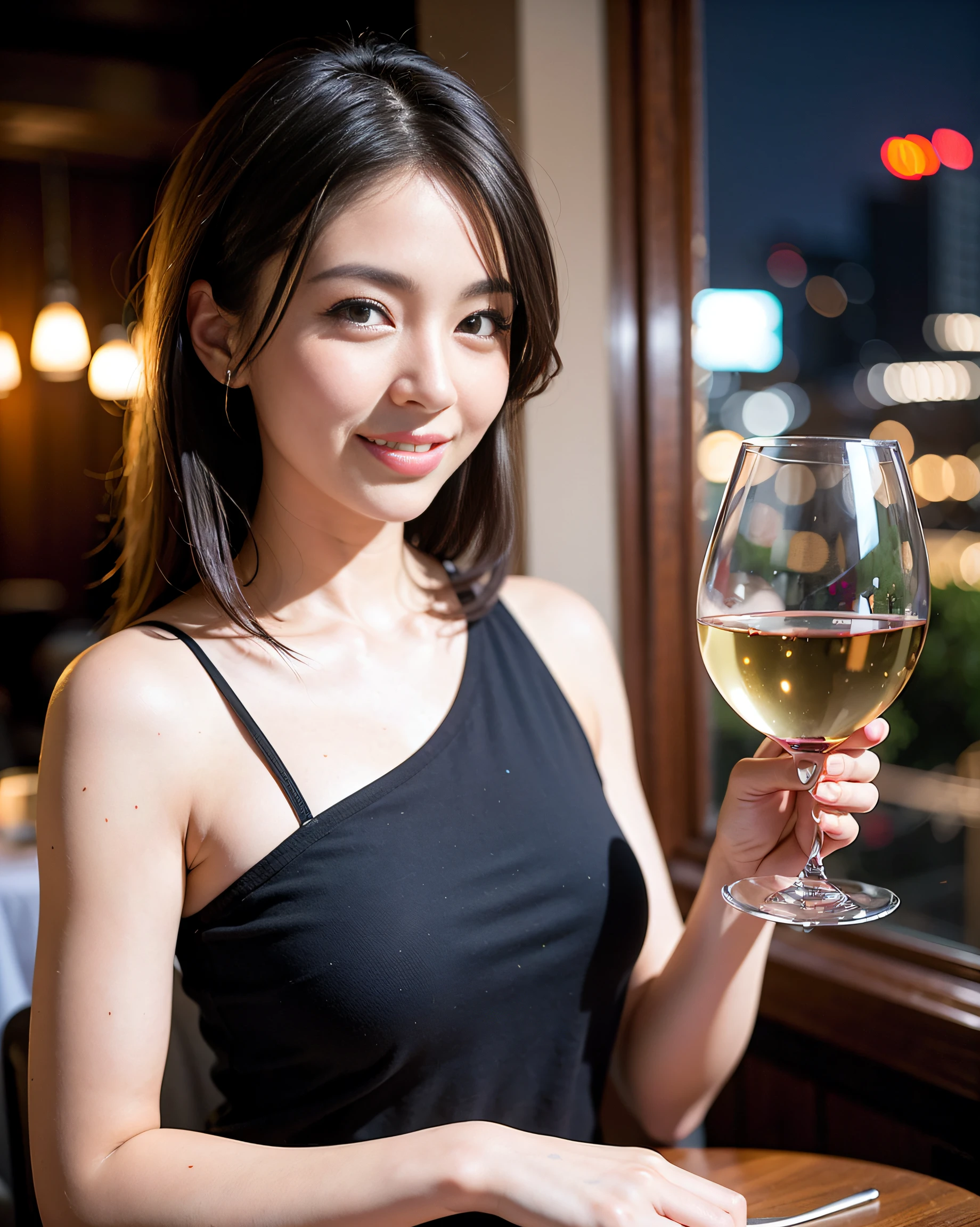 (64K, UHD, top quality, masterpiece: 1.2), (realistic, photorealistic: 1.37), super detailed, pretty woman 1 person, (slim face), (slim body), (brown hair), (short cut), cheeks slightly blushing, (44 years old), 38 years old, solo, beautiful detailed urban night view outside the window, restaurant, wine glasses sit, at night, in a prominent placeNovaFrogStyle, Actress, Model, Waist Up, White Wine, Slim, Wine Glass, Super Clean Night View, Wine Glass Put in the Middle, Happy Smile, (Smile: 1.15), Beautiful Fine Eyes, Upper Body, Bust Japan Up, Night, Short, Short, Actress, Model, Waist Up, White Wine, Slim, Wine Glass, Super Clean Night View, Wine Glass Put in the Middle, Happy Smile,
