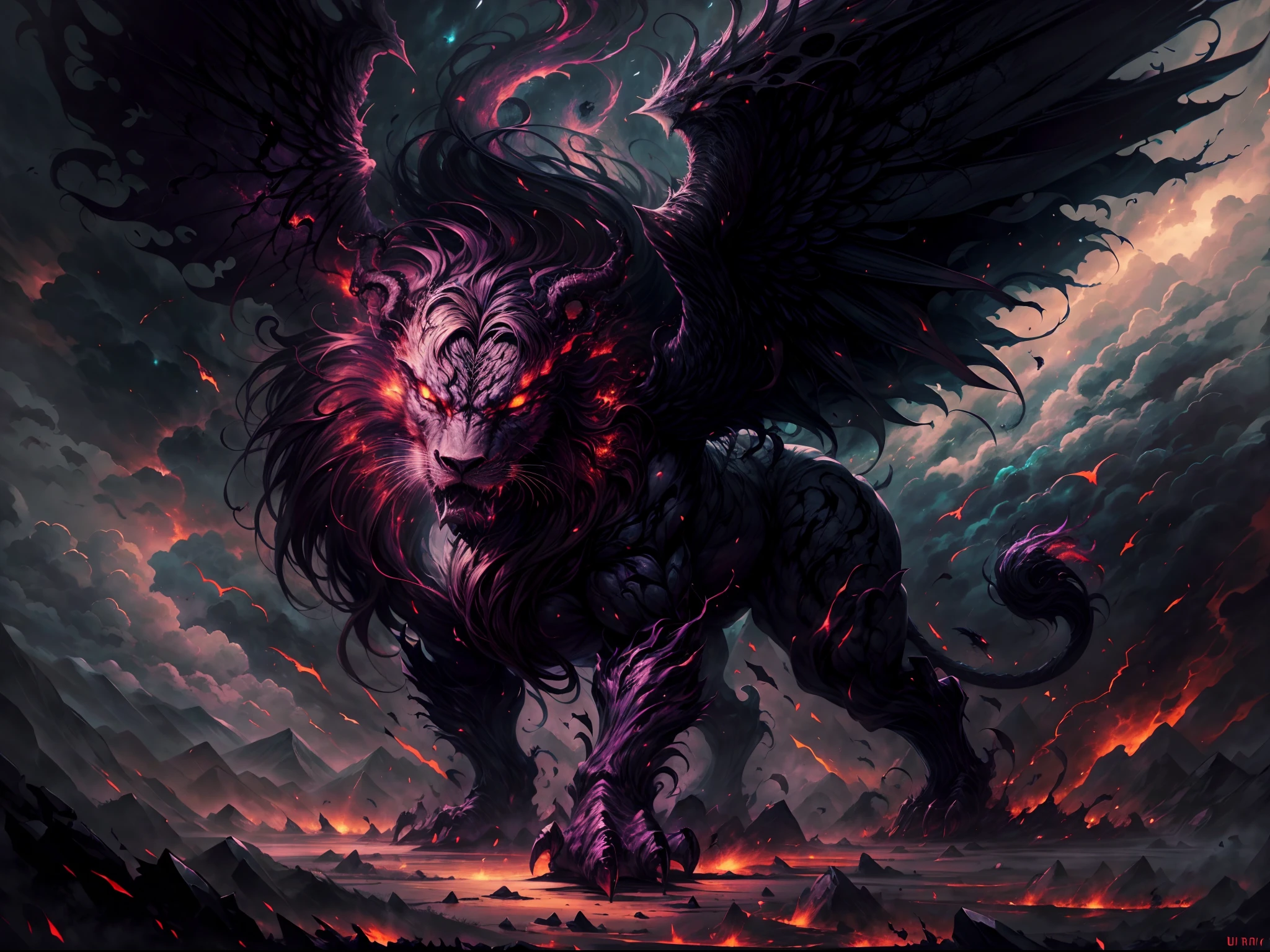 (best quality,ultra-detailed,realistic:1.37),lion,black hair,red eyes,wings,very monstrous,dark atmosphere,shadowy figure,majestic presence,ferocious expression,glistening fangs,fierce gaze,powerful creature,massive wingspan,intense gaze,classical oil painting style,dramatic lighting,vivid colors,sinister aura,detail-oriented depiction,ominous presence,strong contrast,unearthly creature,mythical beast,creepy ambiance,hauntingly beautiful,nighttime setting,ominous clouds,dominant presence,extraordinary menace,intimidating presence,mystical creature,commanding posture,demonic features,angelic wings,dark and mysterious,mythical proportions,powerful silhouette,striking composition,fierce and majestic,strong and stoic,otherworldly beauty,a masterpiece capturing power and grace