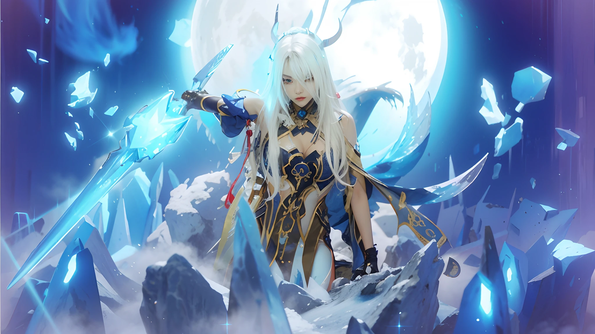 (Jingliu honkai Star rail)),((realistic, photorealistic)),(Steel mask )), Light reflection, (( Blooming white hair )), navel, detached sleeves,((upper body)), (((best quality, masterpiece))), Looking for viewers, Burning ice, blue gradient, ice element, Standing on a  ice rock, ice debris, blue aura,The moon is covered in clouds, Glowing ice sword, ice land broke,,Blue element, ice smoke, Snow shards,Standing on ice,The ice crystal rock shattered, motion blur