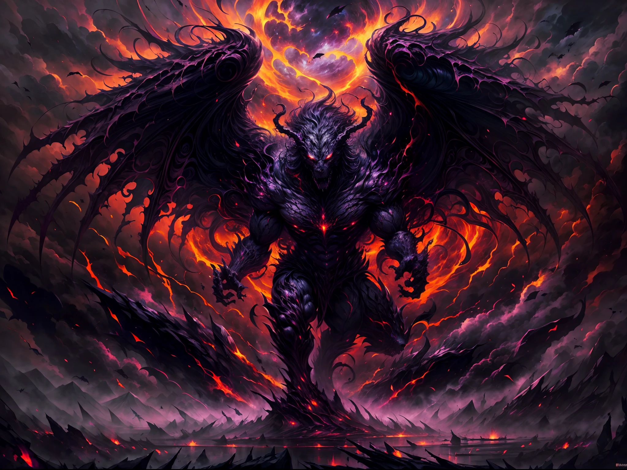(best quality,ultra-detailed,realistic:1.37),lion,black hair,red eyes,wings,very monstrous,dark atmosphere,shadowy figure,majestic presence,ferocious expression,glistening fangs,fierce gaze,powerful creature,massive wingspan,intense gaze,classical oil painting style,dramatic lighting,vivid colors,sinister aura,detail-oriented depiction,ominous presence,strong contrast,unearthly creature,mythical beast,creepy ambiance,hauntingly beautiful,nighttime setting,ominous clouds,dominant presence,extraordinary menace,intimidating presence,mystical creature,commanding posture,demonic features,angelic wings,dark and mysterious,mythical proportions,powerful silhouette,striking composition,fierce and majestic,strong and stoic,otherworldly beauty,a masterpiece capturing power and grace