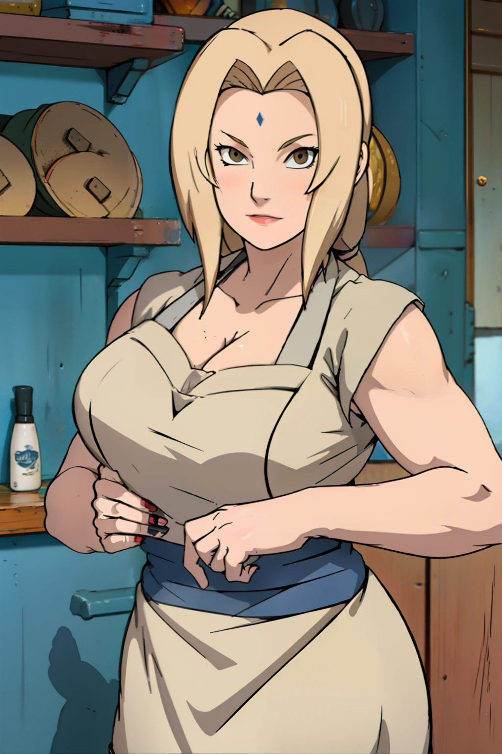 a sandy blonde busty middle aged house wife wearing an apron