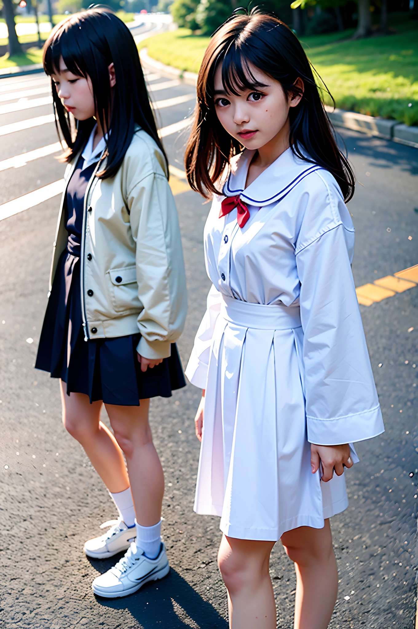 ​masterpiece, top-quality、Raw foto, Photorealsitic、I have two girls who are 12 years old、Walk while having a pleasant conversation、sideshot、a closeup、Open your mouth and laugh、Blonde with short bob and long black hair、Japanese Junior High School Girl、a sailor suit、Knee-length skirt、校服、nogizaka、Smaller chest、unbelievable Ridiculous、depth of fields, hight resolution, ultra-detailliert, foco nítido, Cinematic lighting