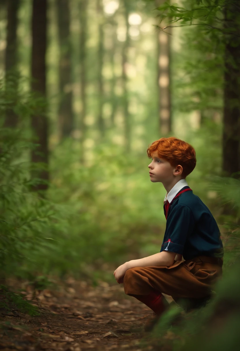 (Masterpiece:1.2, Best Quality), Forest, A Boy, Boy, Redhead, School Uniform, Thinking