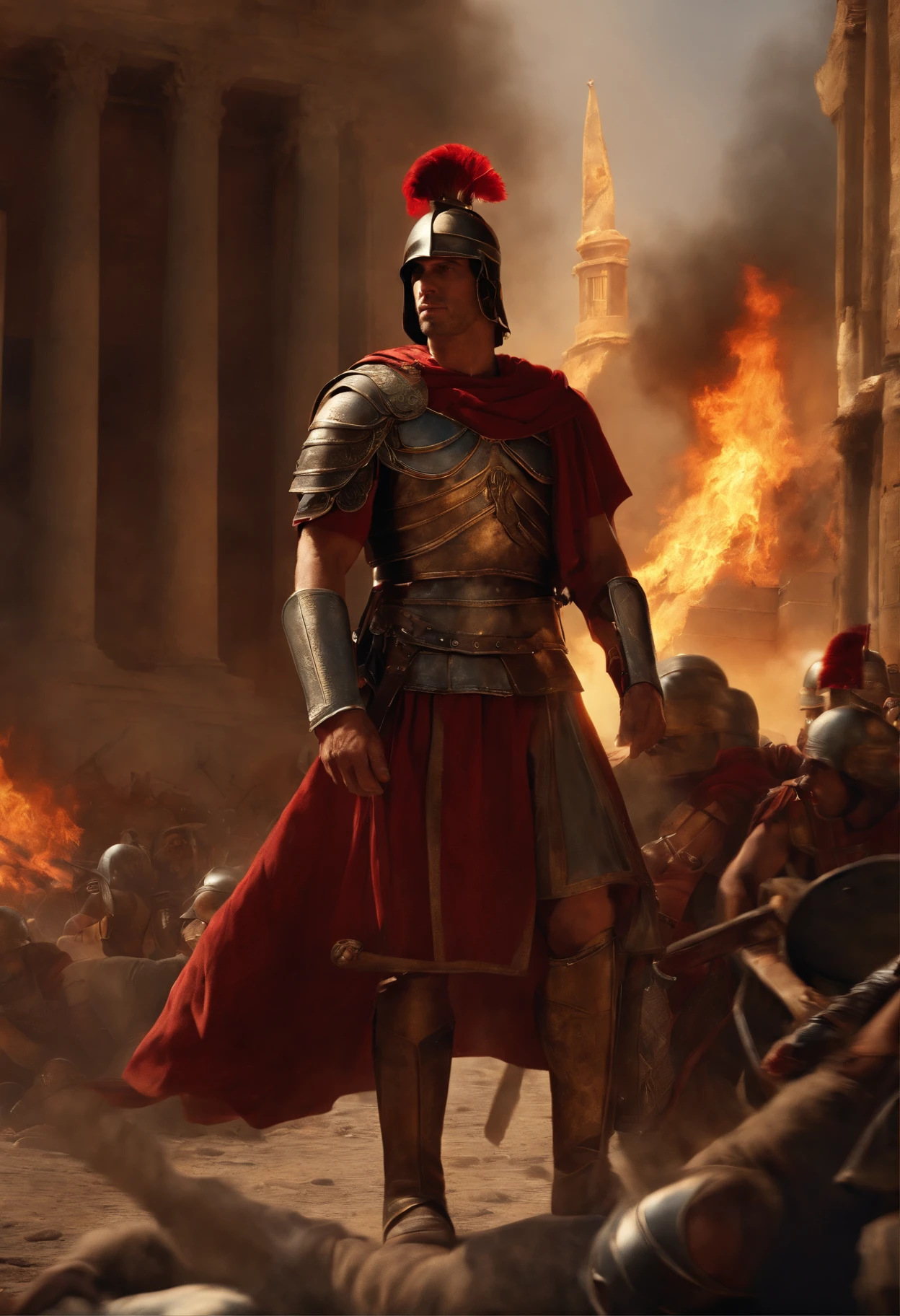 Characters: Atila, Roman soldiers; Description: Sacking of Rome; Era: Sacking of Rome; Attire: War-worn attire; Location: Sacked Roman city; Action: Battle in the city streets; Background: Burning Rome; Shot type: High angle; Style: Hyper-realistic, photo realism, cinematography --ar 9:16