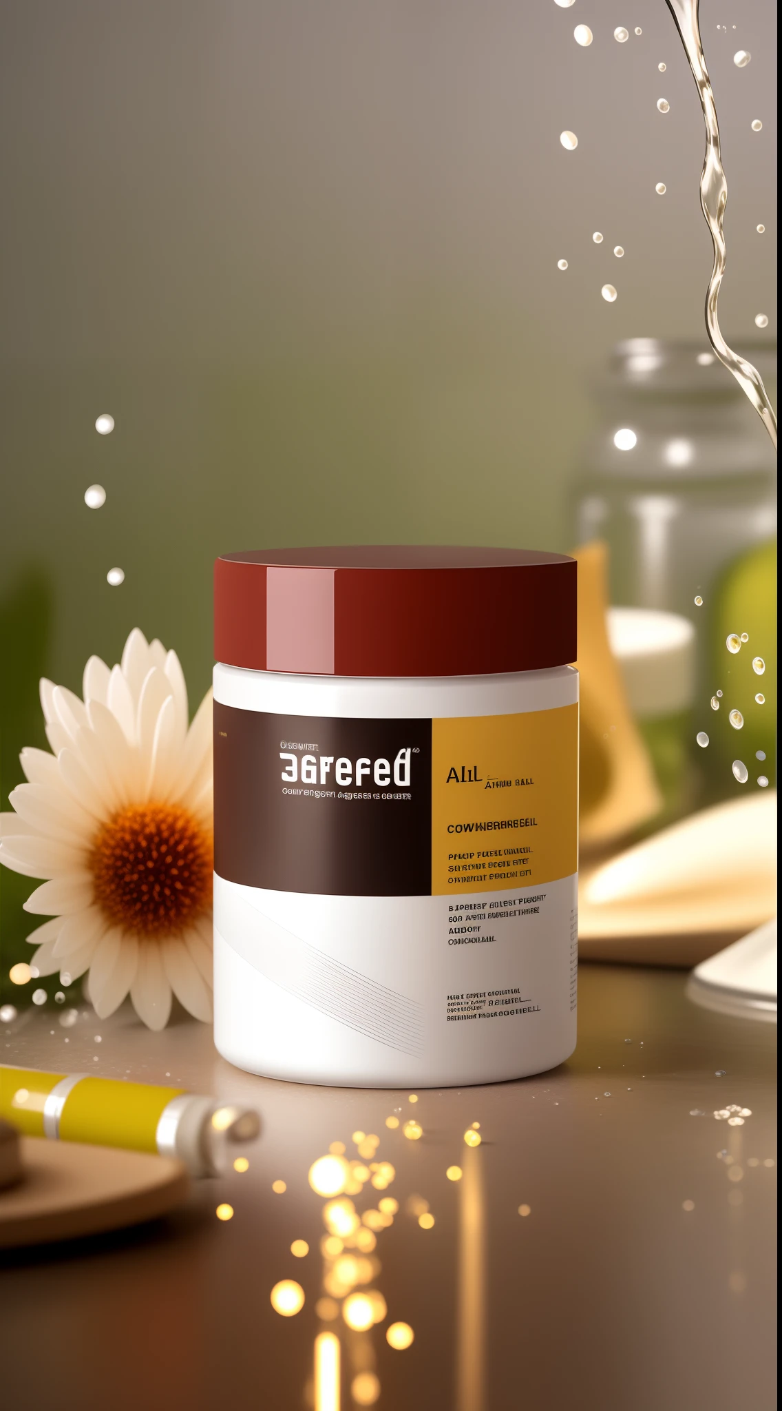 Alafeld jar corneal repair power collagen sitting on table，Water splashes from above, professional product shot, Product rendering, 3 d product render, ProductAdvertisements, Product photo, close-up product photo, new design, Professional product photography, professional product photo, commercial product photography, Product photography, products shot, high quality topical render, posing on a