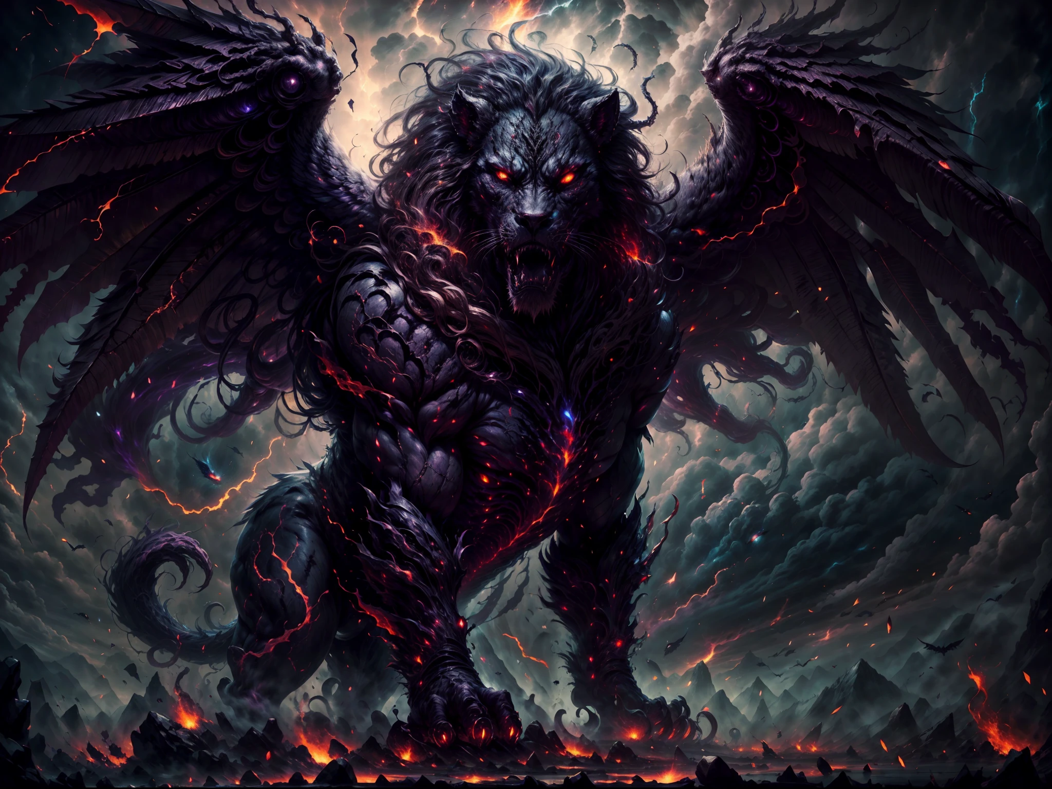 (best quality,ultra-detailed,realistic:1.37),lion,black hair,red eyes,wings,very monstrous,dark atmosphere,shadowy figure,majestic presence,ferocious expression,glistening fangs,fierce gaze,powerful creature,massive wingspan,intense gaze,classical oil painting style,dramatic lighting,vivid colors,sinister aura,detail-oriented depiction,ominous presence,strong contrast,unearthly creature,mythical beast,creepy ambiance,hauntingly beautiful,nighttime setting,ominous clouds,dominant presence,extraordinary menace,intimidating presence,mystical creature,commanding posture,demonic features,angelic wings,dark and mysterious,mythical proportions,powerful silhouette,striking composition,fierce and majestic,strong and stoic,otherworldly beauty,a masterpiece capturing power and grace
