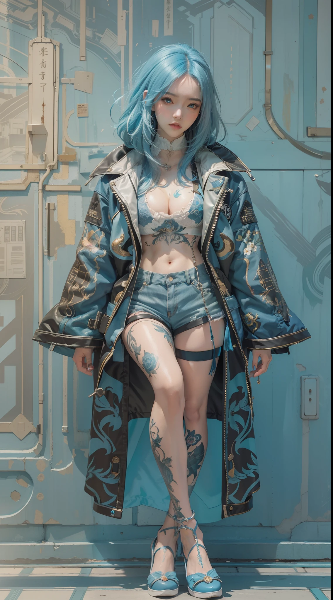 Ultra HD 2D art,close-up all over the body(1 Extremely high, Busty and sexy woman),extremely hyper,plumw,There are oversized ones,Abs,Exaggerated large buttocks,Extra long thick legs,Short stud leather coat,Ultra shorts,Wear a pair of stud shoes,lightblue hair,2D animation style,Soft and delicate depiction,full body shot shot,Also pay attention to her full-body tattoos(Full-body art),Landscape mode,A masterpiece by Guweiz and James Jean,CGSCOSITY's tattoo expert designs, etc。A beautiful blue-haired girl,It has become a hot topic on the Japanese trend art station。