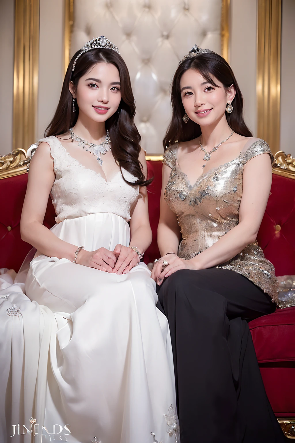 ((((Two Japan Princesses,16-year-old daughter and 55-year-old mother,mother daughter,Mother is 55 years old,My daughter is in the second trimester,Mother is not pregnant,Mother has a slender belly,Only the daughter is pregnant,Only the daughter has a big stomach,Photograph their faces in detail)))),((Elegant and beautiful dresses,Elegant décor,Diamond Decoration,Shining giant tiara,Big necklace,artistic décor,Princess Dresses,Jeweled dresses,Dresses with a large amount of jewelry,Luxurious necklace,Luxury beyond imagination,The most gorgeous decorations in the world, ),((,Expensive VIP room in a gorgeous royal family,Princess Room,The most gorgeous room,Two people sitting side by side on the king's big sofa,Sitting on the most gorgeous sofa,Everything is a gorgeous background,The most gorgeous decorations in the world,The most realistic and complex backgrounds,the complex background,Highly detailed and realistic backgrounds)),(((See the perfect camera here,Looking at the camera,Big smile,Clean teeth,perfect teeth,White teeth,finerly detailed face,Quality and beautiful face,Clear and beautiful face,Perfect gas chamber,Perfect fingers,Perfect hands,Accurate 5 fingers)),Top image quality,8K,SLR Camera Photography,professional photograpy,Realistic quality