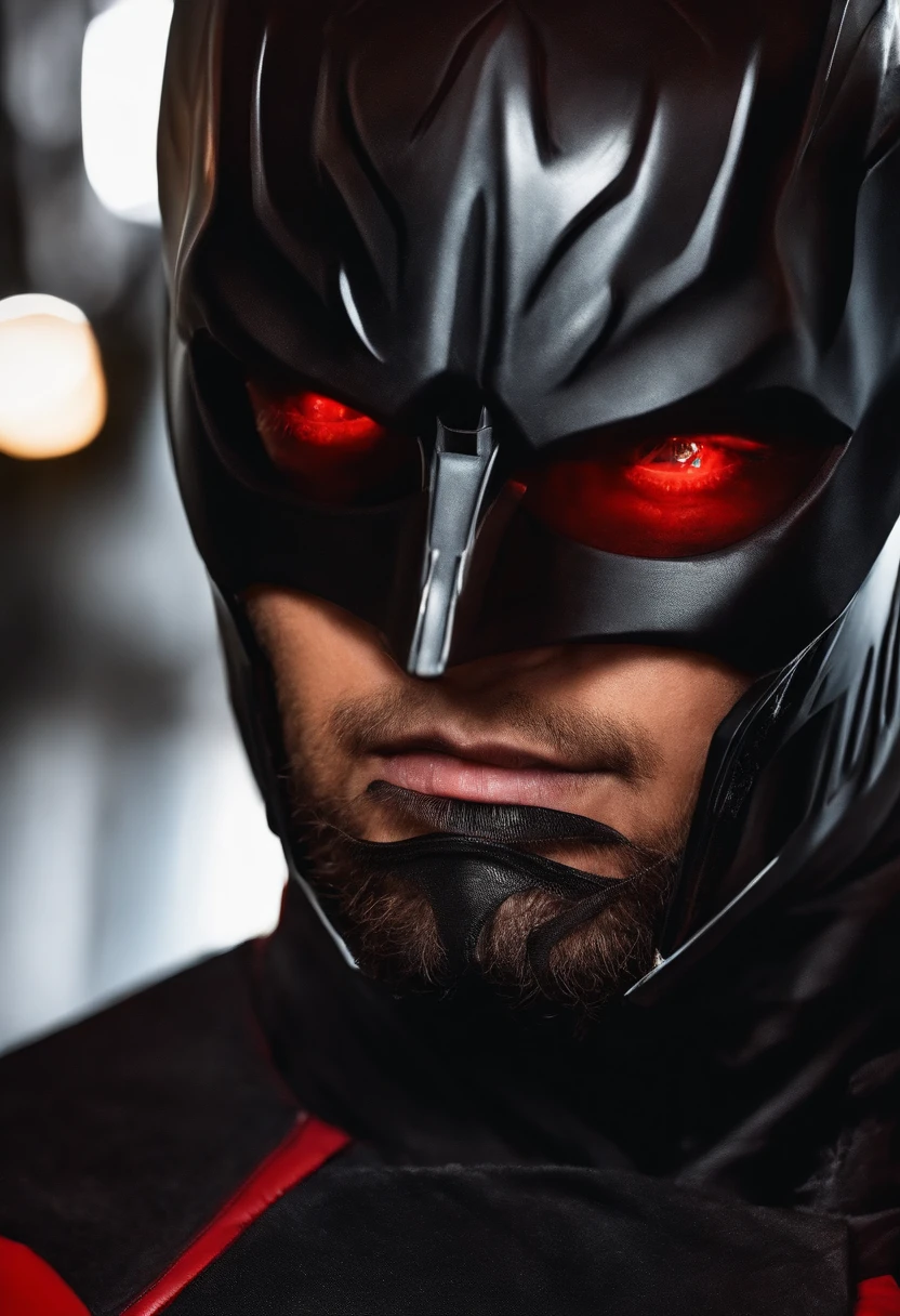 um close up de uma pessoa com um fundo vermelho, cara bonito na arte, Neo Estilo Preto, Neo Estilo Preto, com olhos vermelhos brilhantes, Neo Preto, his eyes are red and glowing, he's very menacing and evil, olhos vermelhos afiados, com olhos vermelhos brilhantes