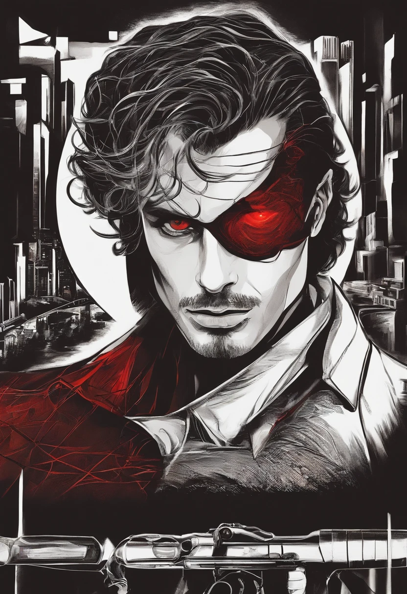 um close up de uma pessoa com um fundo vermelho, cara bonito na arte, Neo Estilo Preto, Neo Estilo Preto, com olhos vermelhos brilhantes, Neo Preto, his eyes are red and glowing, he's very menacing and evil, olhos vermelhos afiados, com olhos vermelhos brilhantes