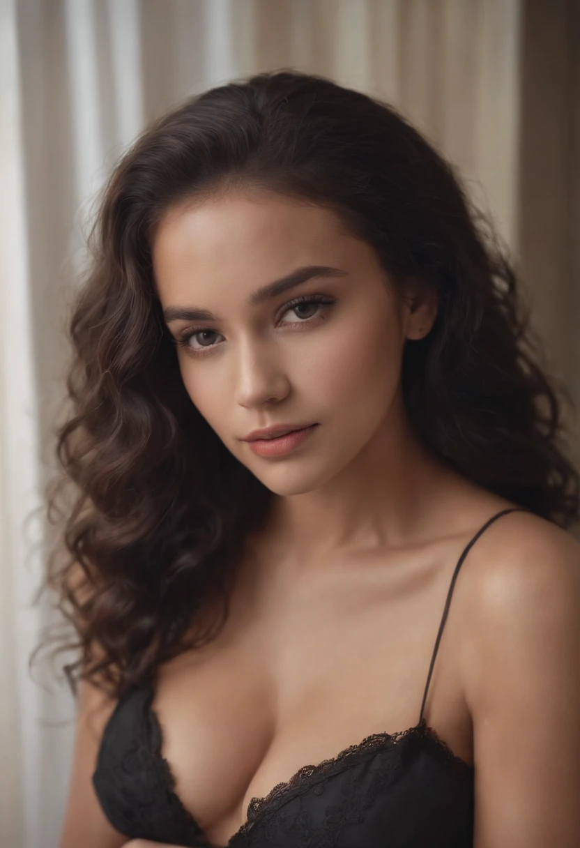 Femme noire mignonne cheveux bruns en costume de bain gros seins