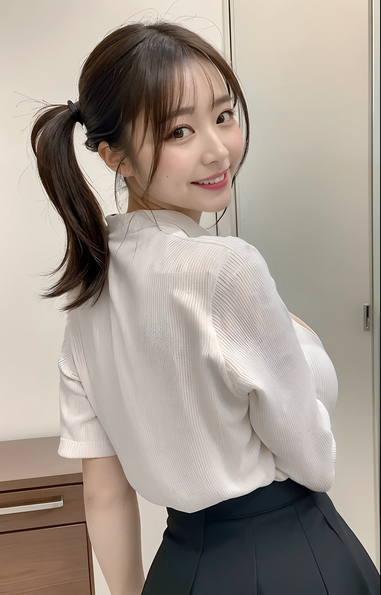 (Best quality, 8k, 32k, Masterpiece, UHD:1.2), from behind, 1 walking girl, beautiy Japanese office lady, (smile:0.5), (looking at the the viewer), 30 years old, bit chubby, white shirt, black skirt, office room, desk, (small breasts, buttocks:1.2), detailed beautiful face, wavy pony-tail hair, from below,