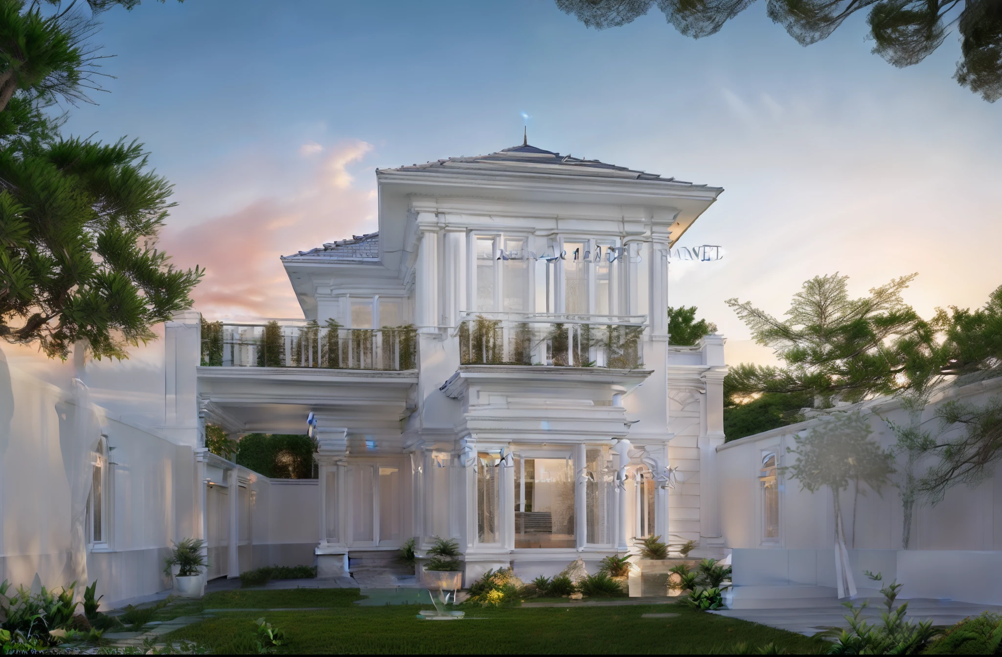 RAW photo,Masterpiece, high quality, best quality, authentic, super detail, exterior, one villa style Neoclassic, (Modern minimalist lines:1.2),(white wall:1.1), railing glass, glass windows,trees, grass, ((sunset)), sky, vivid colour, (high detailed :1.2), 8k uhd, dslr, soft lighting, high quality, film grain, Fujifilm XT3