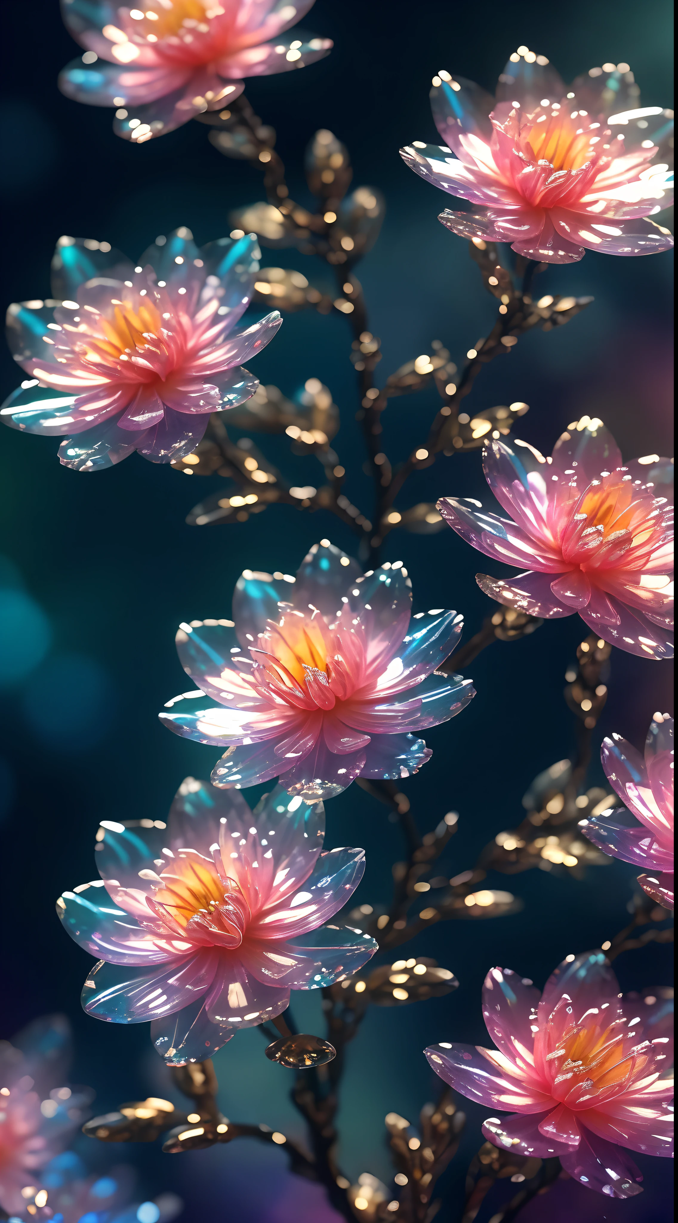 crystal spring blossom,
fantasy, galaxy, transparent, 
shimmering, sparkling, splendid, colorful, 
magical photography, dramatic lighting, photo realism, ultra-detailed, 4k, Depth of field, High-resolution