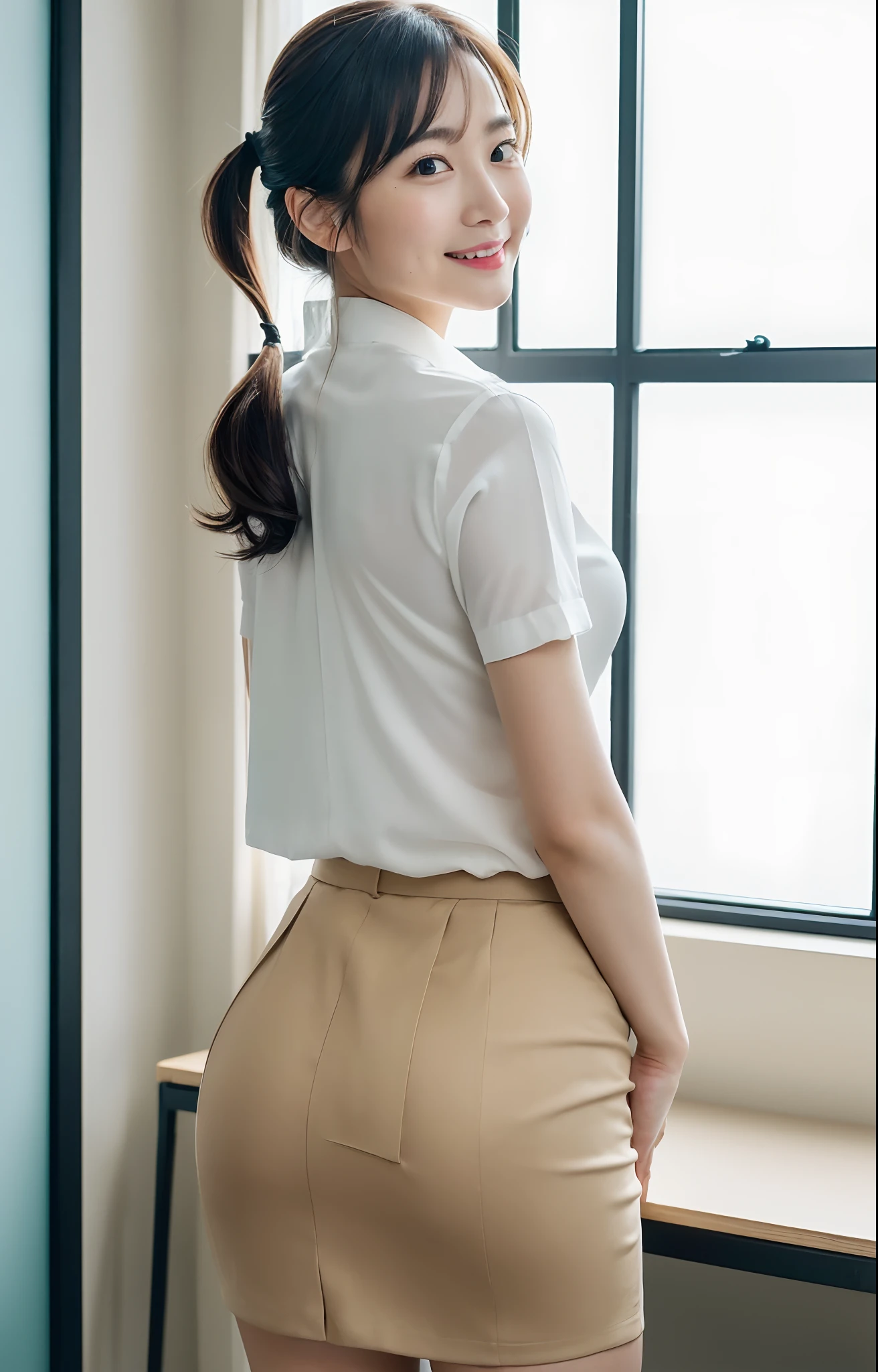 (Best quality, 8k, 32k, Masterpiece, UHD:1.2), from behind, 1 walking girl, beautiy Japanese office lady, (smile:0.5), (looking at the the viewer), 30 years old, bit chubby, white shirt, black skirt, office room, desk, (small breasts, buttocks:1.2), detailed beautiful face, wavy pony-tail hair, from below,