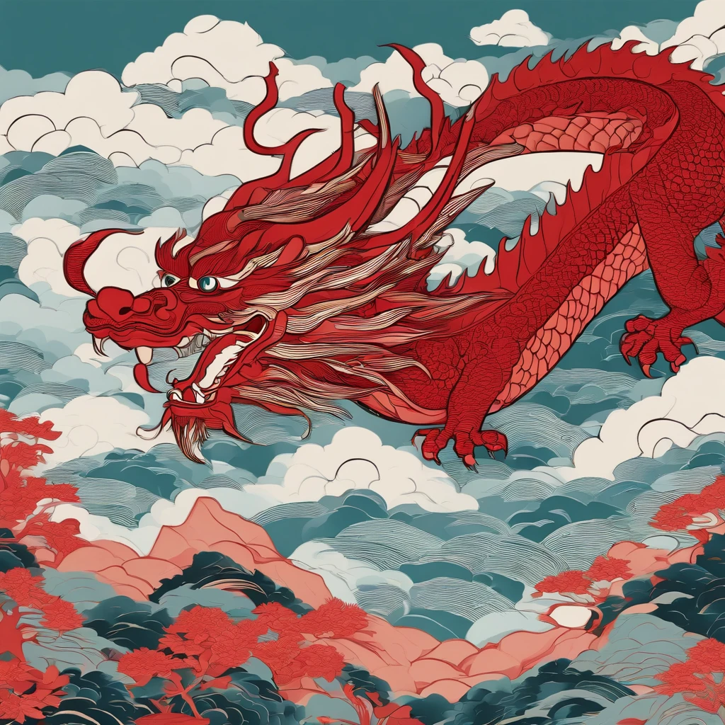 Flat paper cut style,contours,((chinesedragon)),Dragon,red colour,Clean cut,Paper,sharp-edged,Maximalism,Color blocking,((round form))