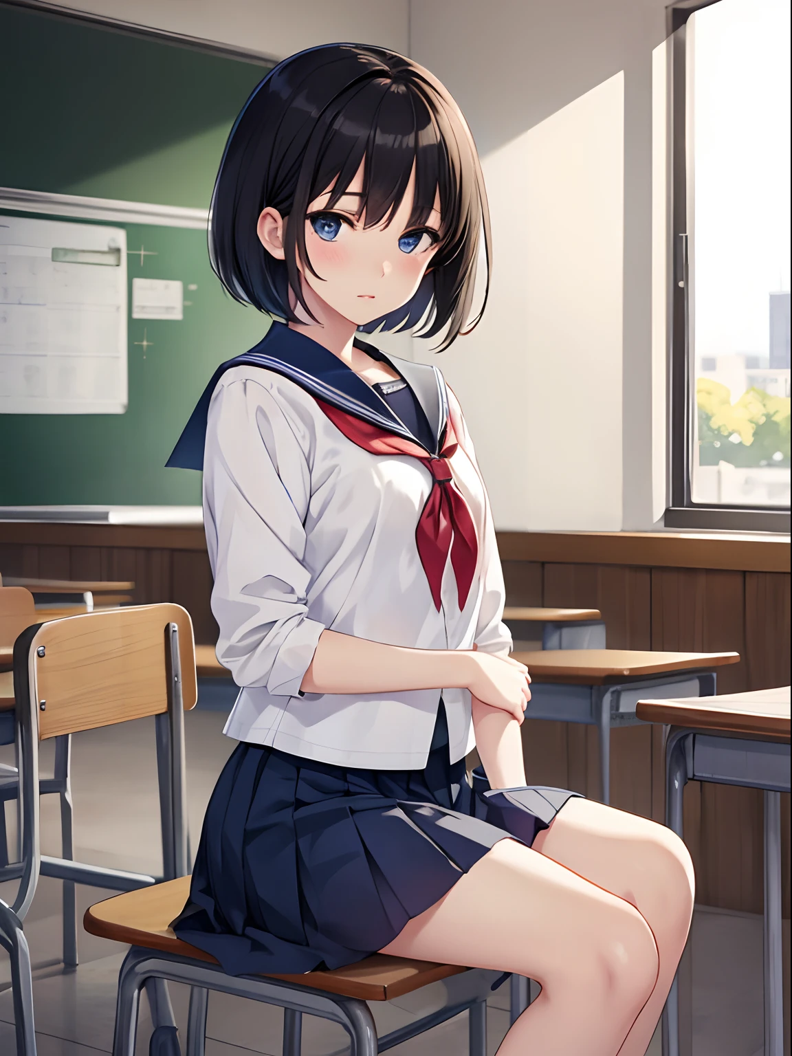 masterpiece:1.2, best quality, ((ultra detailed)), high resolution, 2d, anime style , photo, photography, detailed background, (1boy,otoko no ko, feminine),cute face,short hair,bob cut,(black hair),makeup, flat chest,BREAK solo,(droopy eyes:1.3),,((blue eyes;1.2 )), beautiful thighs,embarrassed, BREAK classroom background, sitting,school uniform,serafuku BREAK pastel colors:1.4, solid paint:1.2, saturated color, contour
