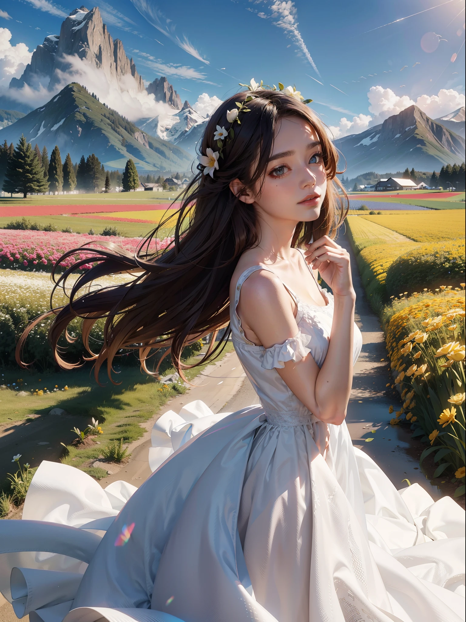 1girll,dynamic angle,pianos,Clouds and mountains,(flower field:1.4)In the foreground,white dresses,Light tracing,(Floating colorful wind:1)
(realisticlying:1.4),offcial art,Unity 8k壁纸,ultra - detailed,Beautiful and beautiful,tmasterpiece,best qualityer,Glowing skin,cinmatic lighting,Light smile