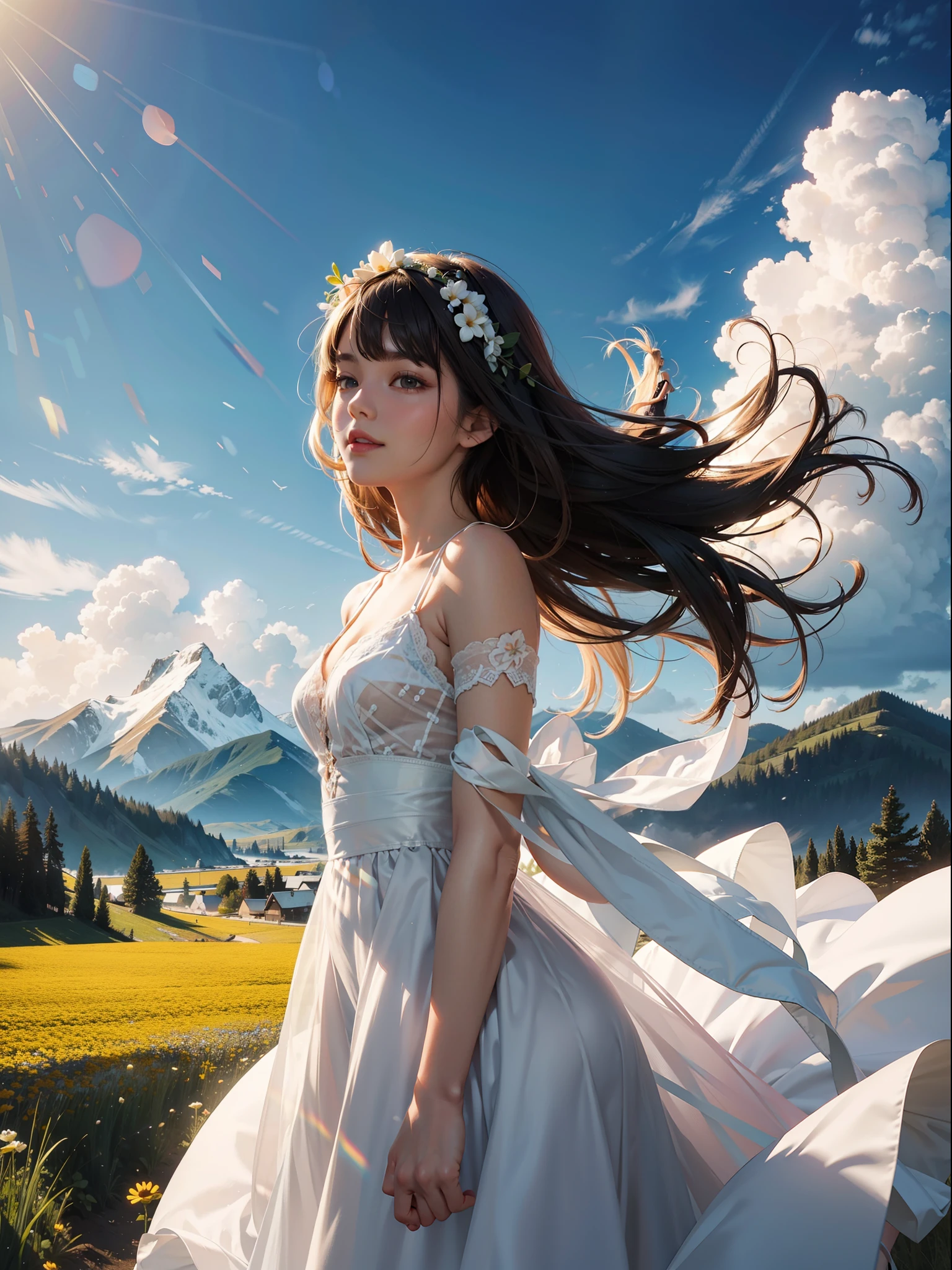 1girll,dynamic angle,pianos,Clouds and mountains,(flower field:1.4)In the foreground,white dresses,Light tracing,(Floating colorful wind:1)
(realisticlying:1.4),offcial art,Unity 8k壁纸,ultra - detailed,Beautiful and beautiful,tmasterpiece,best qualityer,Glowing skin,cinmatic lighting,Light smile