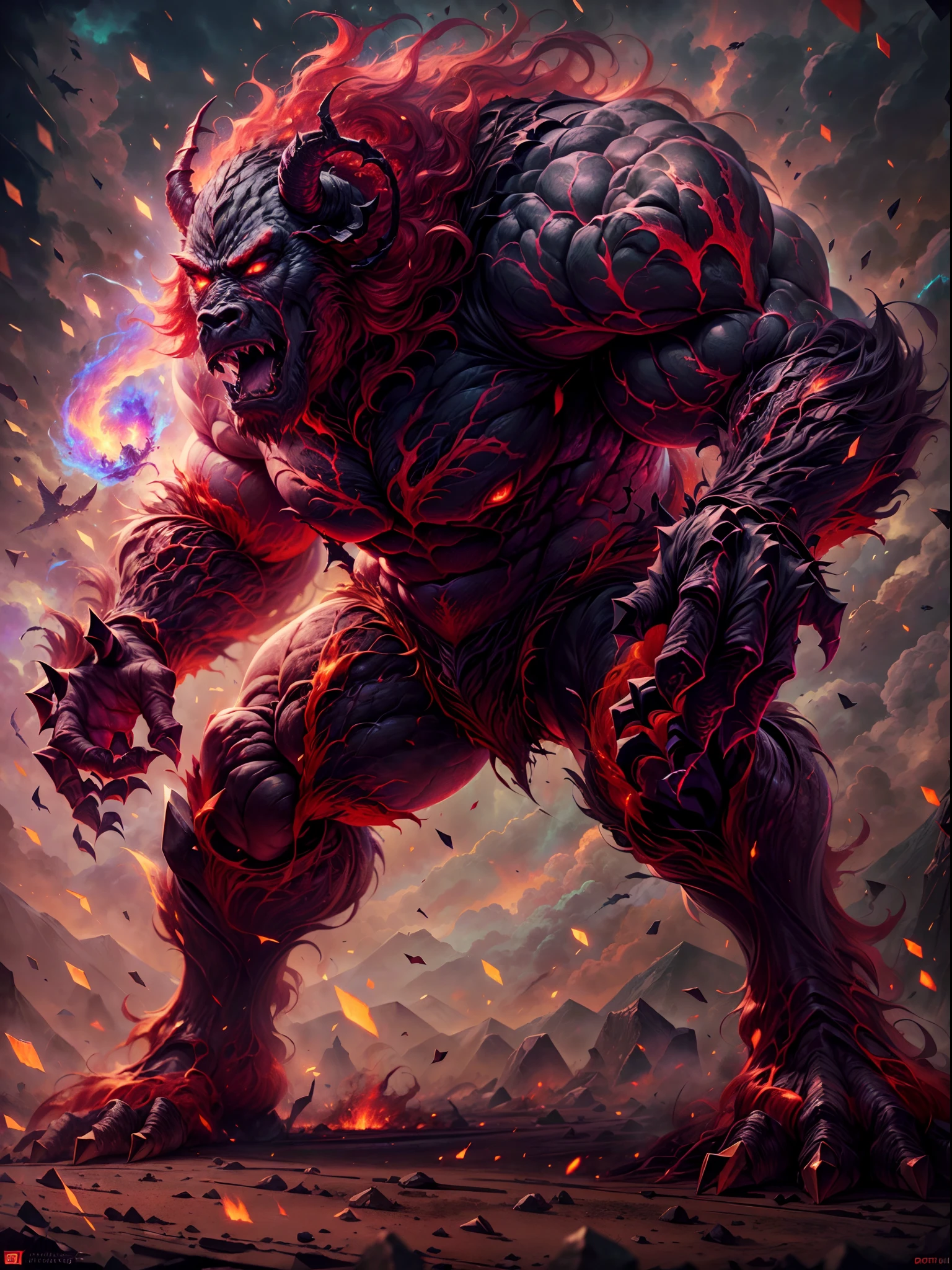 (a mythical monster,a beast-like creature),(muscled),(6 big legs),(standing like a gorilla),(red fur-covered body),(two big horns),(boar fangs),(sharp claws),(colossal shape),(burning fire magic),(energy aura),(best quality,4k,8k,highres,masterpiece:1.2),(ultra-detailed),(realistic,photorealistic,photo-realistic:1.37),(HDR),(UHD),(studio lighting),(ultra-fine painting),(sharp focus),(physically-based rendering),(extreme detail description),(professional),(vivid colors),(bokeh),(portraits),(horror),(concept artists),(red color tone),(intense lighting)
