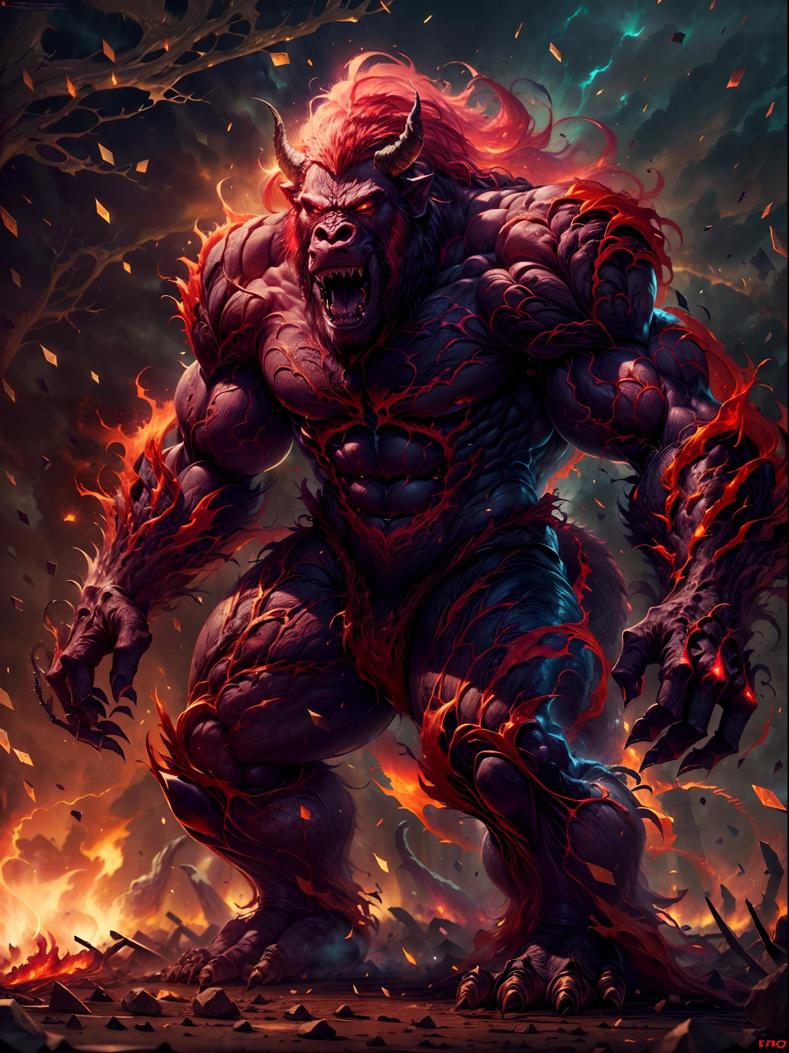 (a mythical monster,a beast-like creature),(muscled),(6 big legs),(standing like a gorilla),(red fur-covered body),(two big horns),(boar fangs),(sharp claws),(colossal shape),(burning fire magic),(energy aura),(best quality,4k,8k,highres,masterpiece:1.2),(ultra-detailed),(realistic,photorealistic,photo-realistic:1.37),(HDR),(UHD),(studio lighting),(ultra-fine painting),(sharp focus),(physically-based rendering),(extreme detail description),(professional),(vivid colors),(bokeh),(portraits),(horror),(concept artists),(red color tone),(intense lighting)