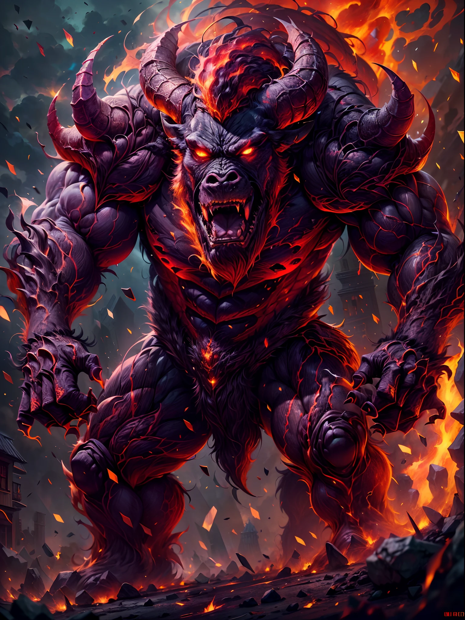 (a mythical monster,a beast-like creature),(muscled),(6 big legs),(standing like a gorilla),(red fur-covered body),(two big horns),(boar fangs),(sharp claws),(colossal shape),(burning fire magic),(energy aura),(best quality,4k,8k,highres,masterpiece:1.2),(ultra-detailed),(realistic,photorealistic,photo-realistic:1.37),(HDR),(UHD),(studio lighting),(ultra-fine painting),(sharp focus),(physically-based rendering),(extreme detail description),(professional),(vivid colors),(bokeh),(portraits),(horror),(concept artists),(red color tone),(intense lighting)