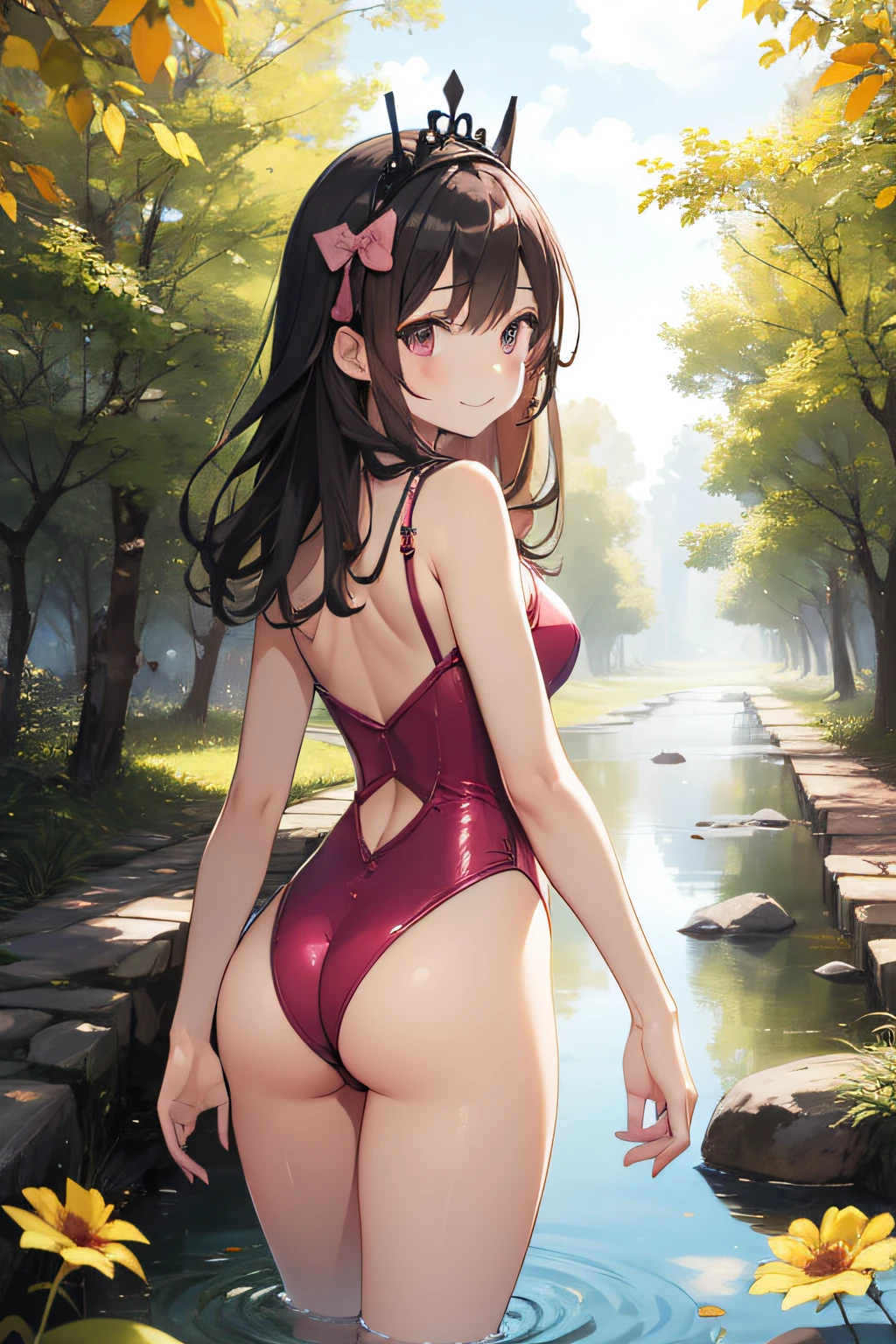 top-quality、extremely delicate and beautiful、Soio、Soio、8-year-old 、japanes、Lori、Chiquita、elementary student、A dark-haired、cheer girl、((Pink leotard))、(highleg)、Tiara on the head、A smile、is standing、Facing backwards、s ass、Prickets、Pond in the background、the woods、cherry trees
