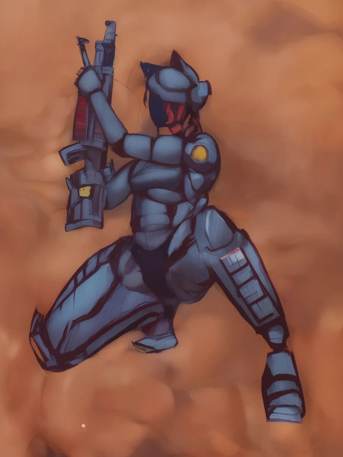 a drawing of a woman in a suit holding a gun, female mecha, mechanized soldier girl, high quality colored sketch, dressed in tactical armor, clothed in cyber armour, colored sketch, badass pose, girl in mecha cyber armor, fully robotic!! catgirl, dominatrix assassin robot, sigma female, thick smooth warframe thighs, mecha inspired