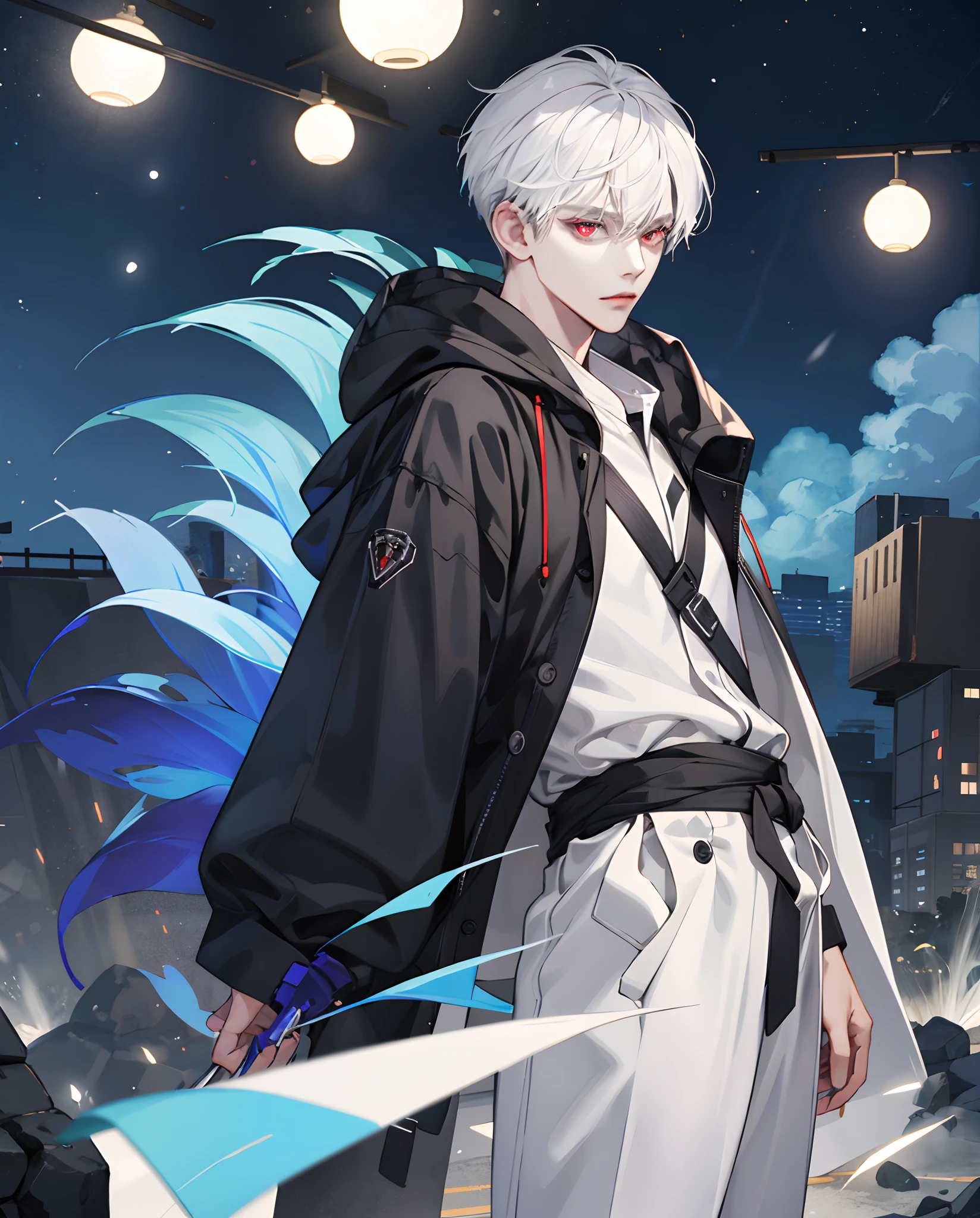 1 boy、Wearing a hood at night。white  hair、illustratio、Not real、Red eyeball、