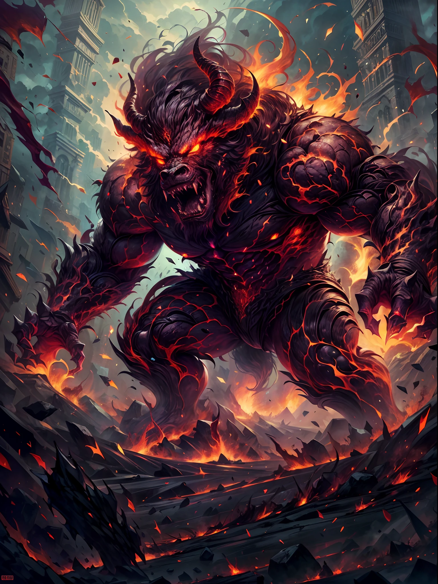 (best quality,4k,8k,highres,masterpiece:1.2),ultra-detailed,(realistic,photorealistic,photo-realistic:1.37),a mythical monster,a beast-like creature,muscled,6 big legs,standing like a gorilla,red fur covering body,two big horns,boar fangs,sharp claws,colossal shape,burning fire magic,energy aura,menacing presence,glowing eyes,intimidating posture,dark environment,smoke-filled air,ominous shadow,majestic and fierce,explosive power,vivid colors,bold strokes,horror art style,dynamic composition,dramatic lighting,layers of muscles,large and sharp teeth,sharp edges,highly detailed scales,cracks emitting fire,blazing flames,ferocious expression,roaring with fury,surrounded by sparks and embers