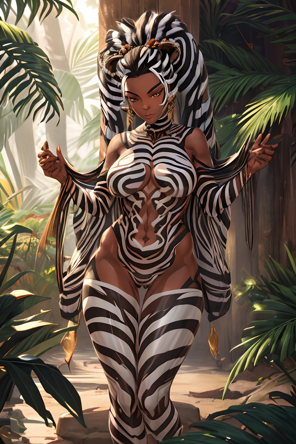 Beautiful Alluring african Female zebra Hybrid, striped Bare Skin, Athletic Well Toned Body, Elegant Form, At A Tropical Jungle, Barely Clothed, zebra Stripes, Beautiful Face, striped mohawk hair, Jungle Theme, Wild Theme, Fiverr Dnd Character, Octane Render, Digital Art, Extreme Detail, 4k, Ultra Hd, Polished, Beautiful, Hyperdetailed, Intricate, Elaborate, Meticulous, Photorealistic, Sharp Focus, Wlop, Character Design, Unreal Engine, 3d Rendered, Volumetric Lighting, Reflections, Glossy, Digital Illustration, Sensual Pose, Suggestive Pose, Lewd, Full Body Shot, naked, vissible , puffy , anatomically correct 💖❤💕💋❣