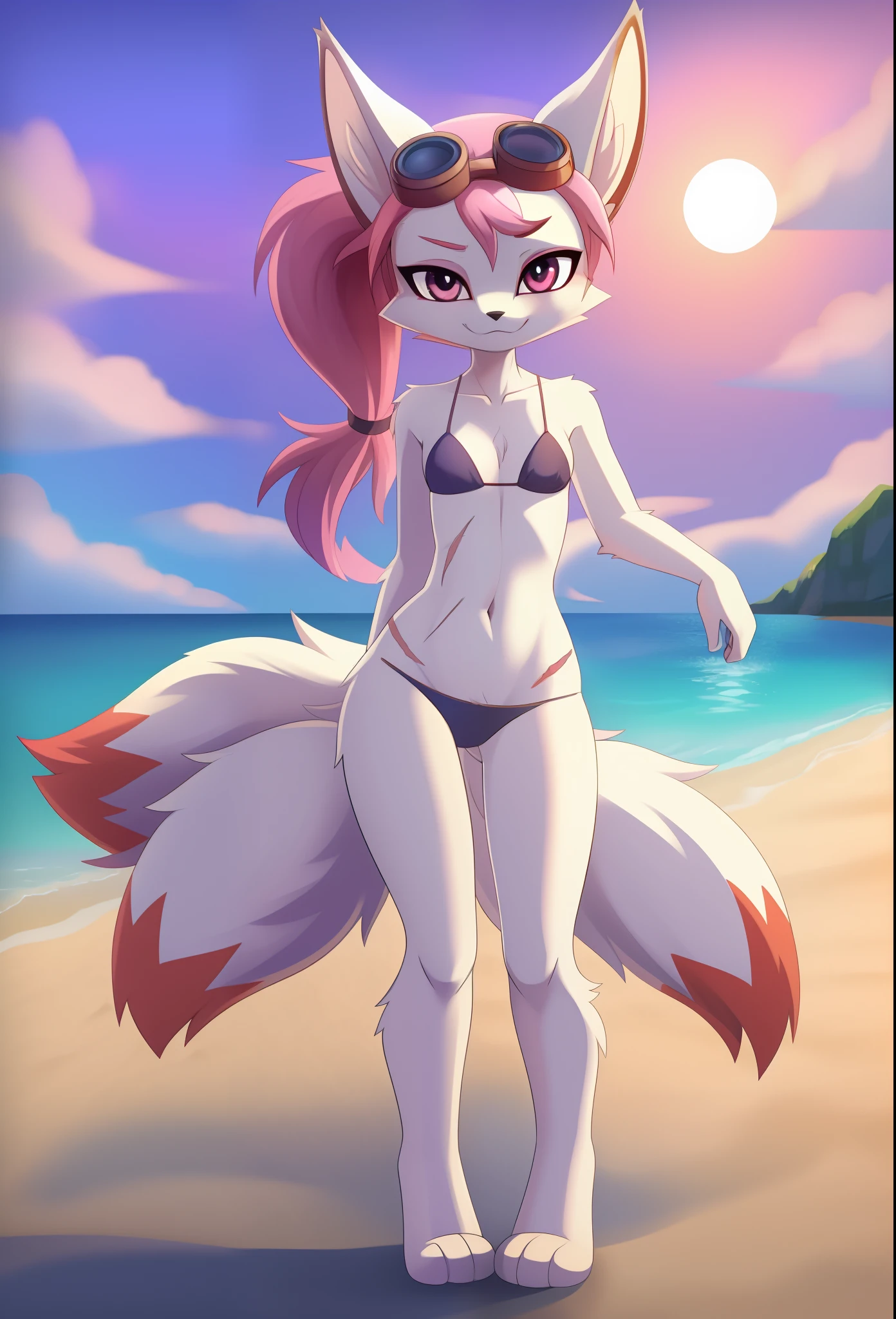 kimiko, furry female anthro, fox girl, white body fur, Pink hair, paws whit three toes, bikini, goggles, small breasts, detailed body fur, detailed body, detailed face, detailed eyes, glistering body, shiny body, skinny, :3, multiple tails, multi tail, solo, body fur, (best quality), detailed beach, clear sky, full body, cinematic lighting, looking at viewer, anime style, short ponytail, standing, scar on the eye, 2D,