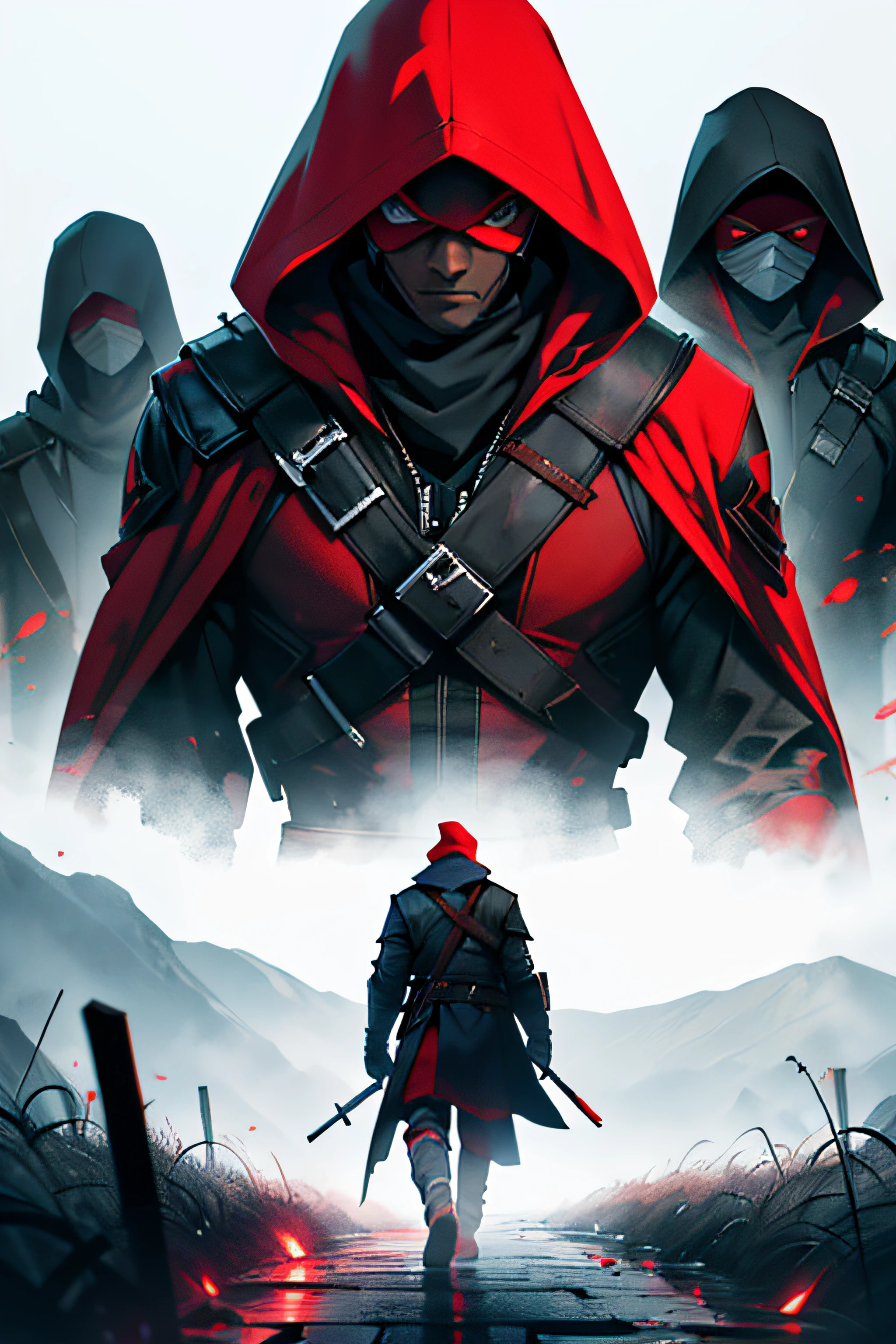 best quality. 4k. movie poster. A black Assassin With A Mask. With Red assassins behind him