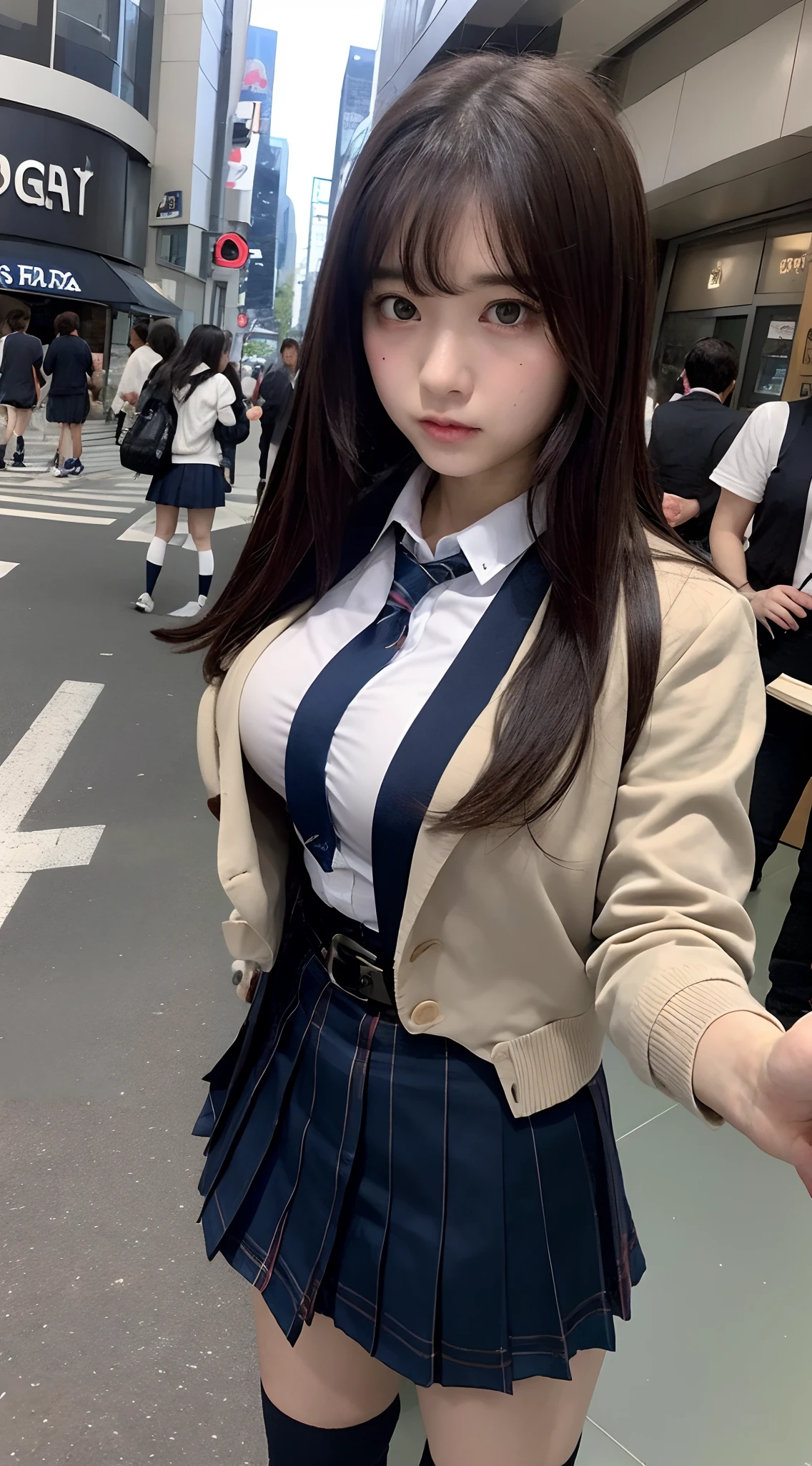 Shibuya cityscape、Intersection in Shibuya、Eating crepes、High school girl uniform、Cardigan、Super Short Check Uniform Skirt、Navy blue high socks、garterbelts、Colossal tits、Disturbed uniform、