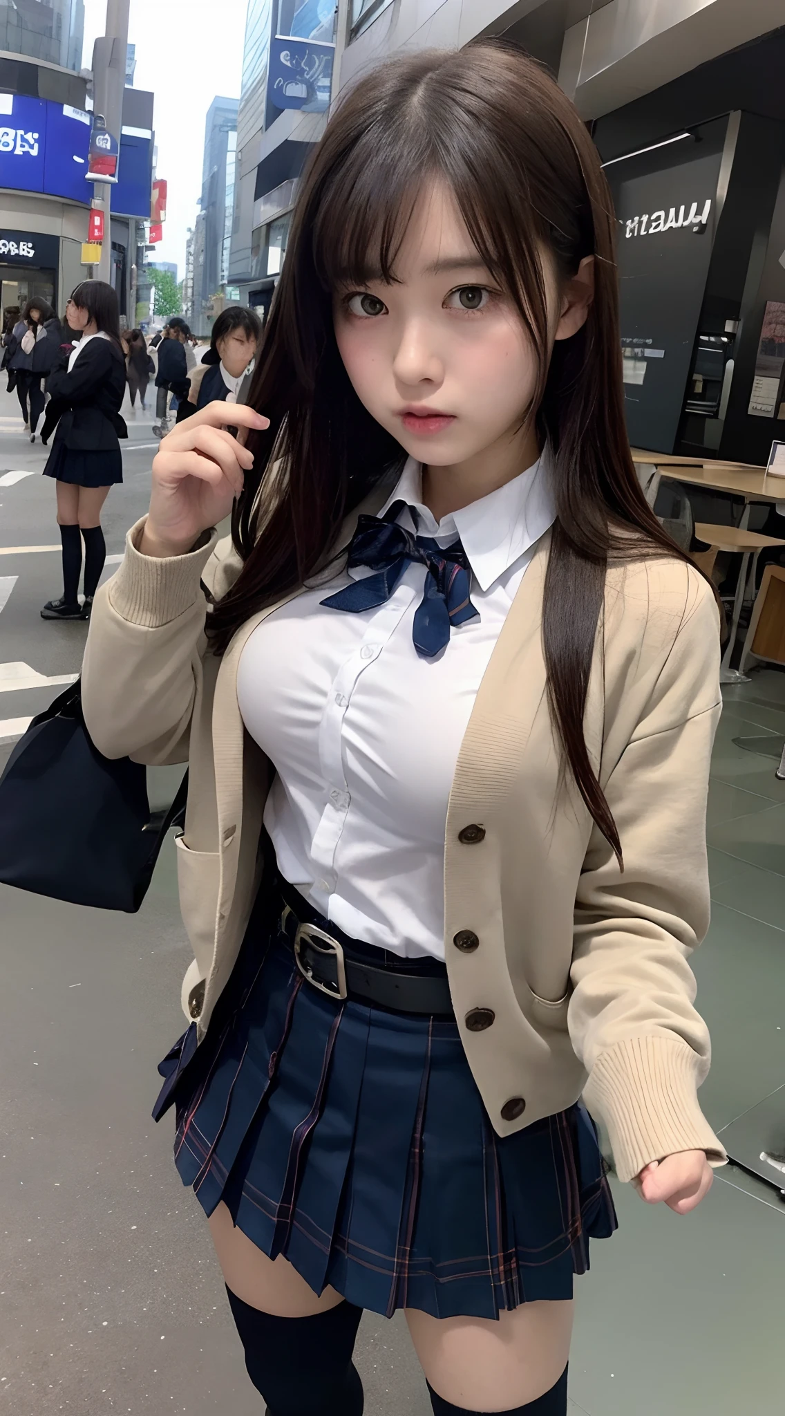 Shibuya cityscape、Intersection in Shibuya、Eating crepes、High school girl uniform、Cardigan、Super Short Check Uniform Skirt、Navy blue high socks、garterbelts、Colossal tits、Disturbed uniform、