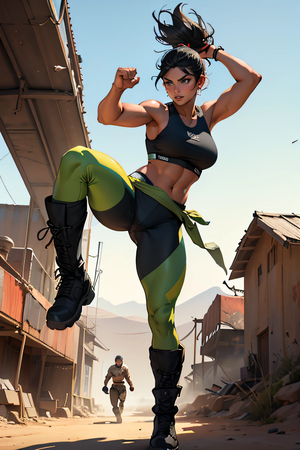 A beautiful athletic Indian woman, doing a jumping knee strike, kicking a thug, dynamic pose, a character moving fast leaving of mouvement, blured background, post apocalyptic art, strong fit body, military boots, bra and leggings and knee high boots clothing style, in desert, highly detailed, best quality, masterpiece, 8k, abs