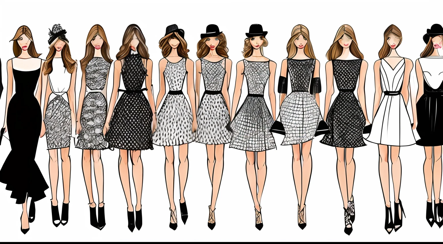 A group of 10 fashion model illustrations on a single page sketch only with modern cutline dress