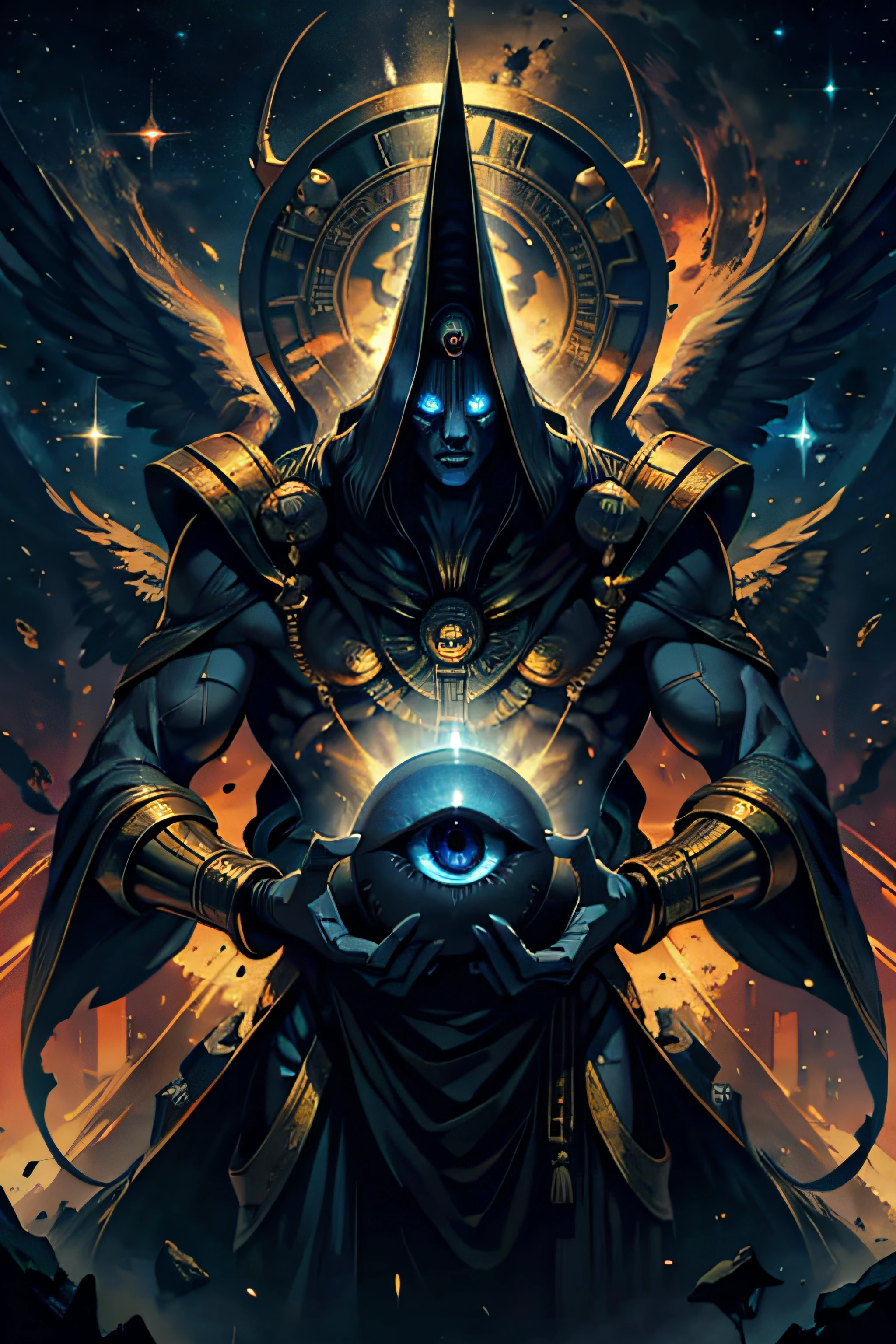 A god in outer space and behind him a gigantic eye of Horus