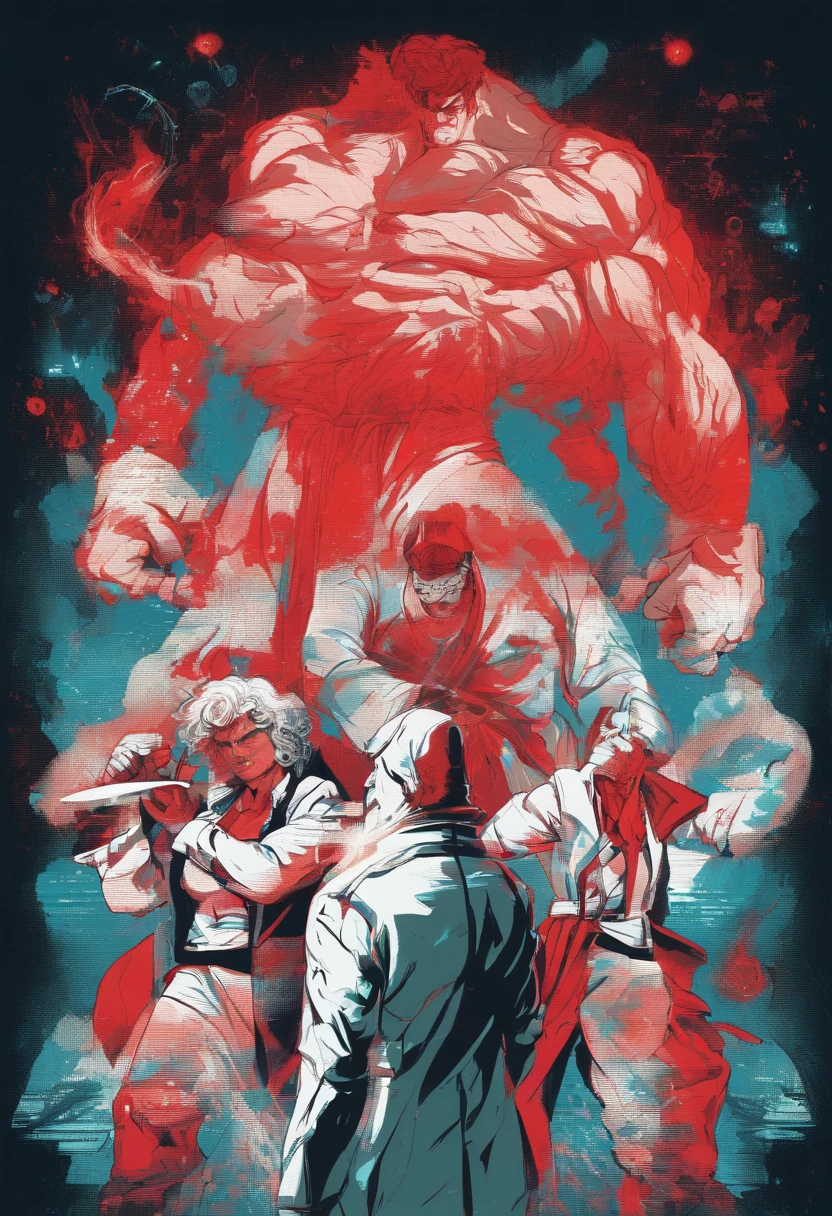Scientists in science coats turn their backs to us,looking at the stars,hard core,Technologie,Red monochrome,USSR Poster,urss,Communism
