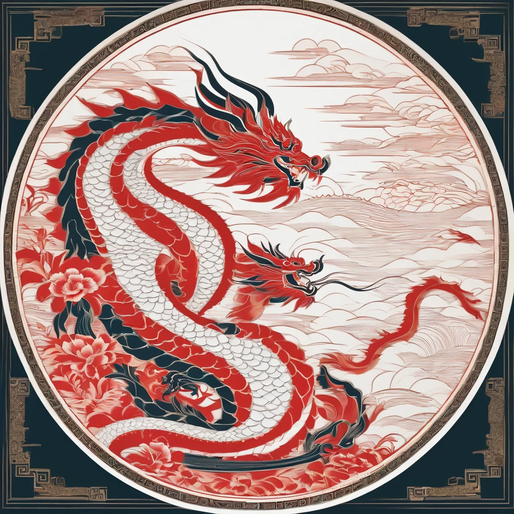 Flat paper cut style,contours,((chinesedragon)),Dragon,red colour,Clean cut,Paper,sharp-edged,Maximalism,Color blocking,((round form))
