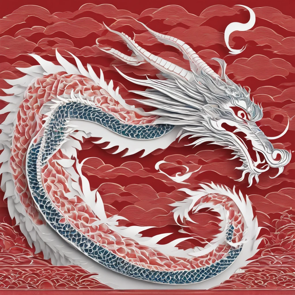 Flat paper cut style,contours,((chinesedragon)),Dragon,red colour,Clean cut,Paper,sharp-edged,Maximalism,Color blocking,((round form))