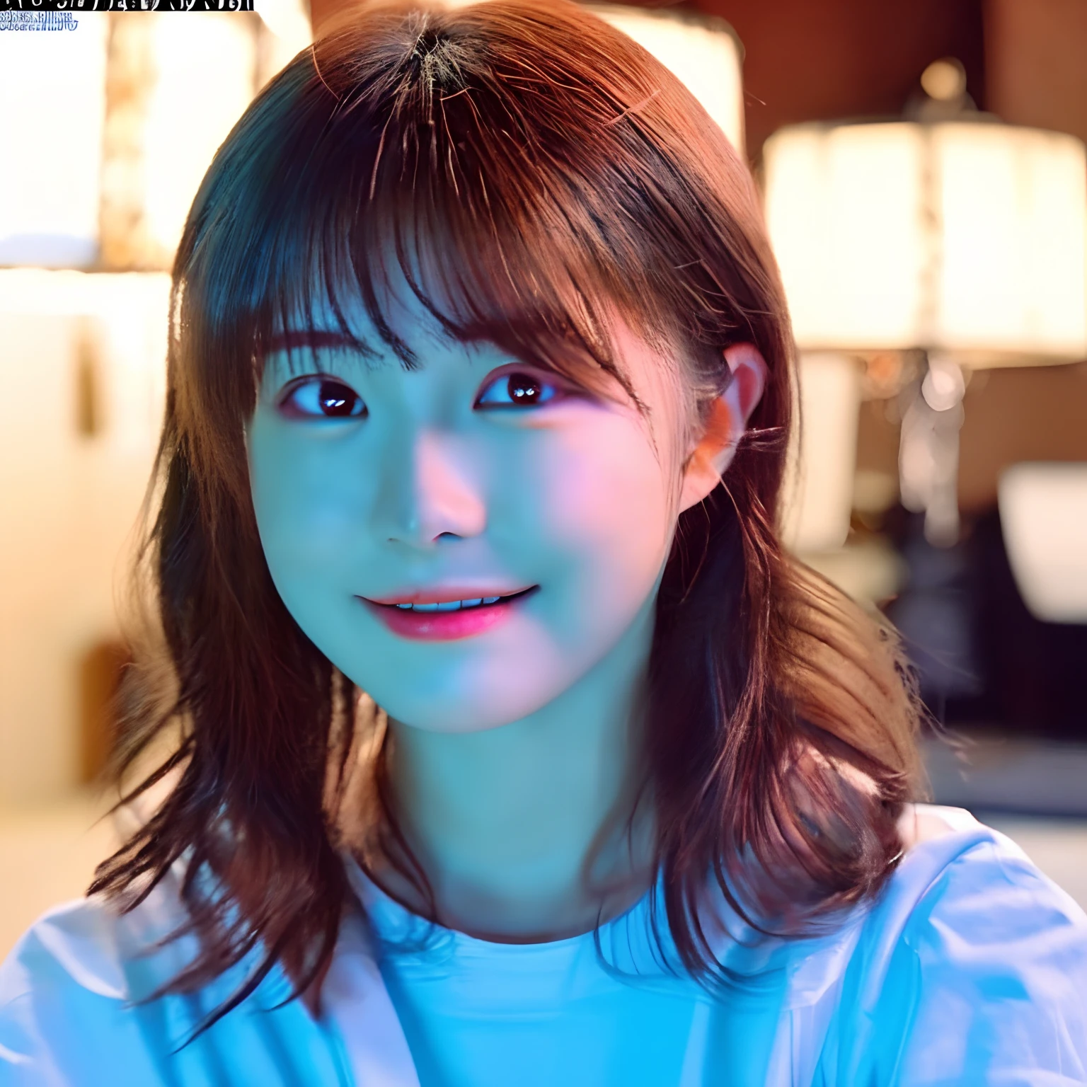 Eyes are hanging eyes、(8k, RAW photo, best quality, masterpiece:1.2), (realistic, photo-realistic:1.4), (extremely detailed 8k wallpaper), sharp focus, depth of field, cinematic lighting, soft light,20 years old cute actress,smile