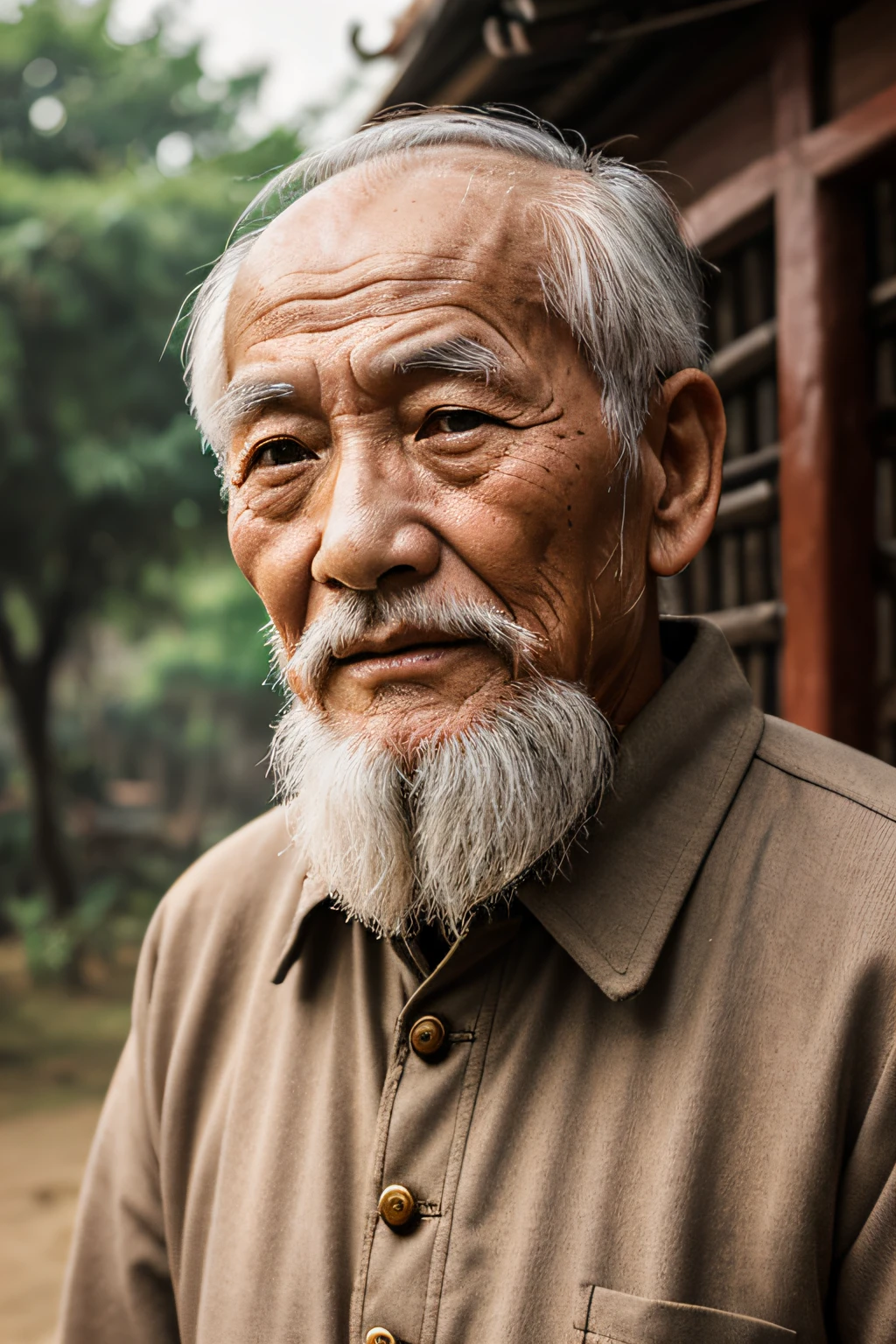 An old man with traditional Chinese thinking，Real frontal photos，Authentic background，The background is nature，holding books，worn-out clothing，Face full of wrinkles，80 years old Chinese medicine practitioner，Wise eyes，The beard is white，male people，country style，Leave the top of your head empty