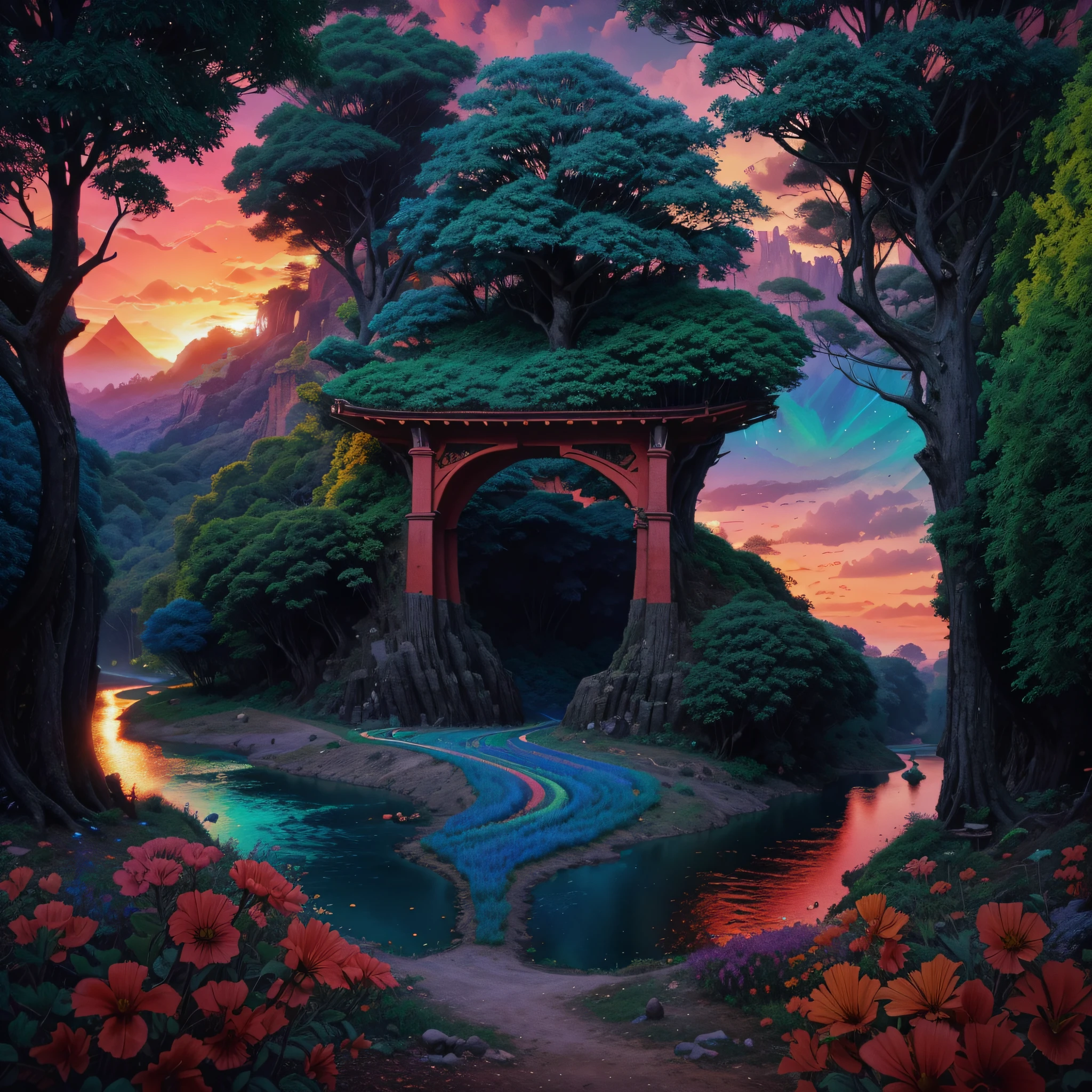 A cartoon illustration of a beautiful forest with a river and trees, Jen Bartel, kilian eng cores vibrantes, kilian eng cores vibrantes, a beautiful artwork illustration, ricas cores pitorescas, Arte bonita UHD 4K, vibrant gouache painting scenery, extraordinary colorful landscape, Brittney Lee, SUNSET ILLUSTRATION, magical landscape, paisagem brilhante, pintura de paisagem colorida, paisagem lindamente iluminada
