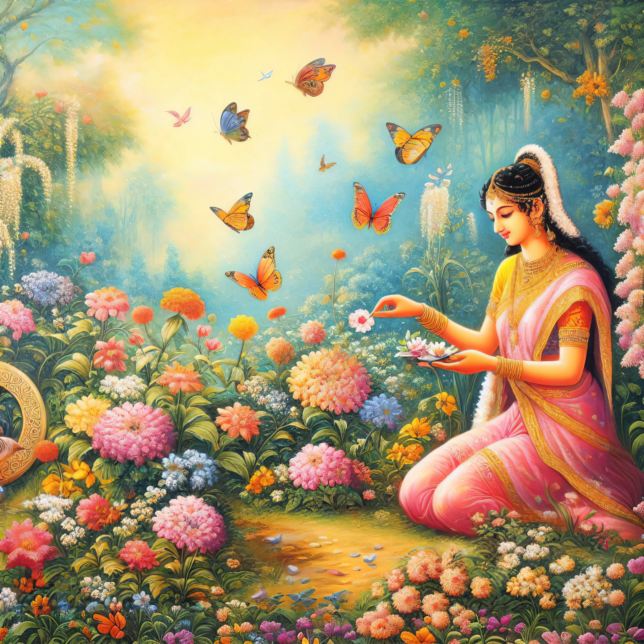 painting of a woman sitting in a garden surrounded by flowers and butterflies, a goddess in a field of flowers, painting of beautiful, indian art, flower goddess, beautiful eden garden, beautiful depiction, she is the center of the garden, mystical purity, harmony of butterfly, flowers and butterflies, goddess of nature, goddess of spring, beautiful painting, intricate beautiful painting