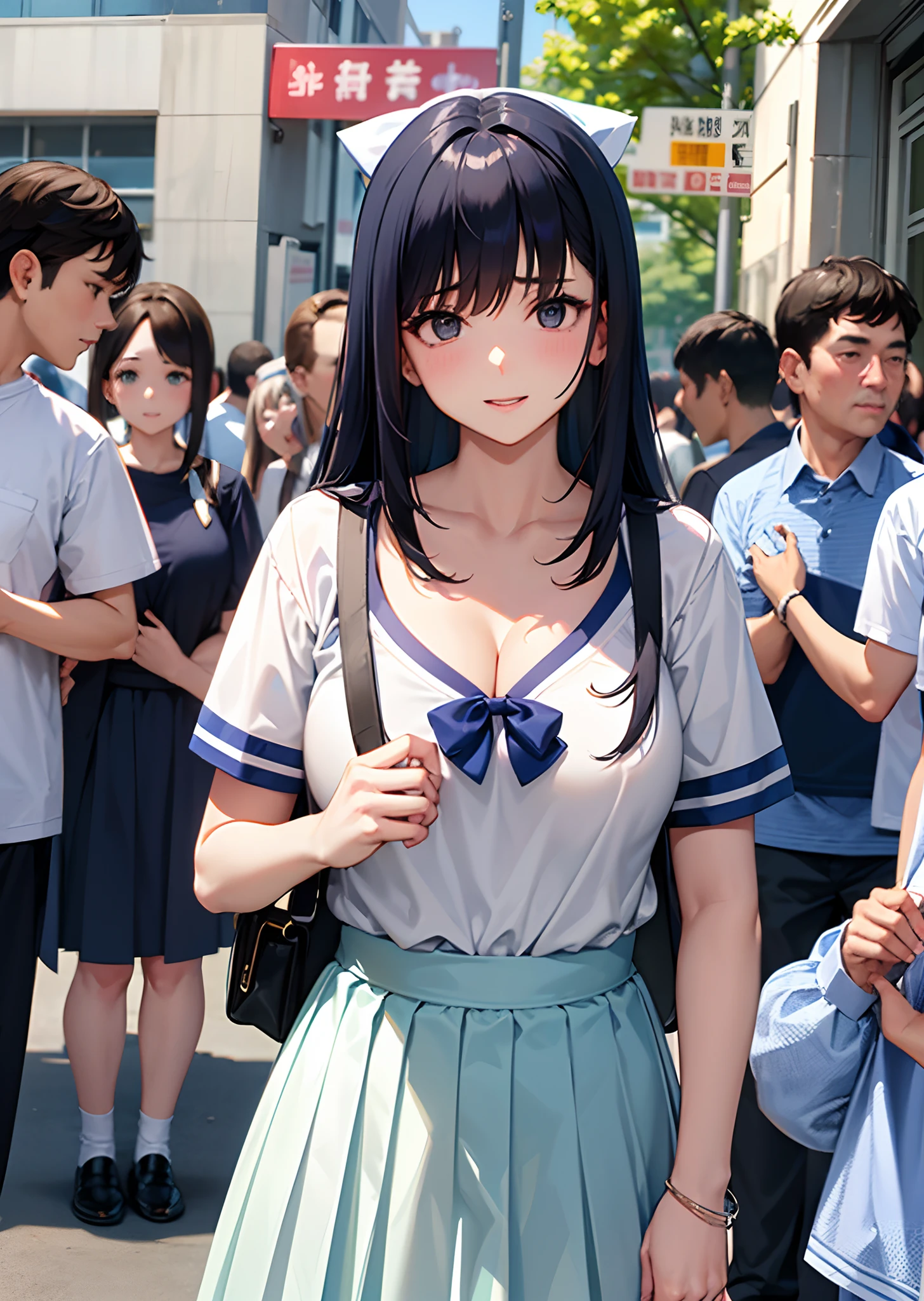 Trem lotado、High school girl with bluish black hair standing happily、tits out、cleavage of the breast、teats、White short-sleeved shirt is sheer、Kamimei、Short navy blue pleated skirt、bow ribbon、Futomo、perspiring、Surrounded by a crowd of middle-aged men、