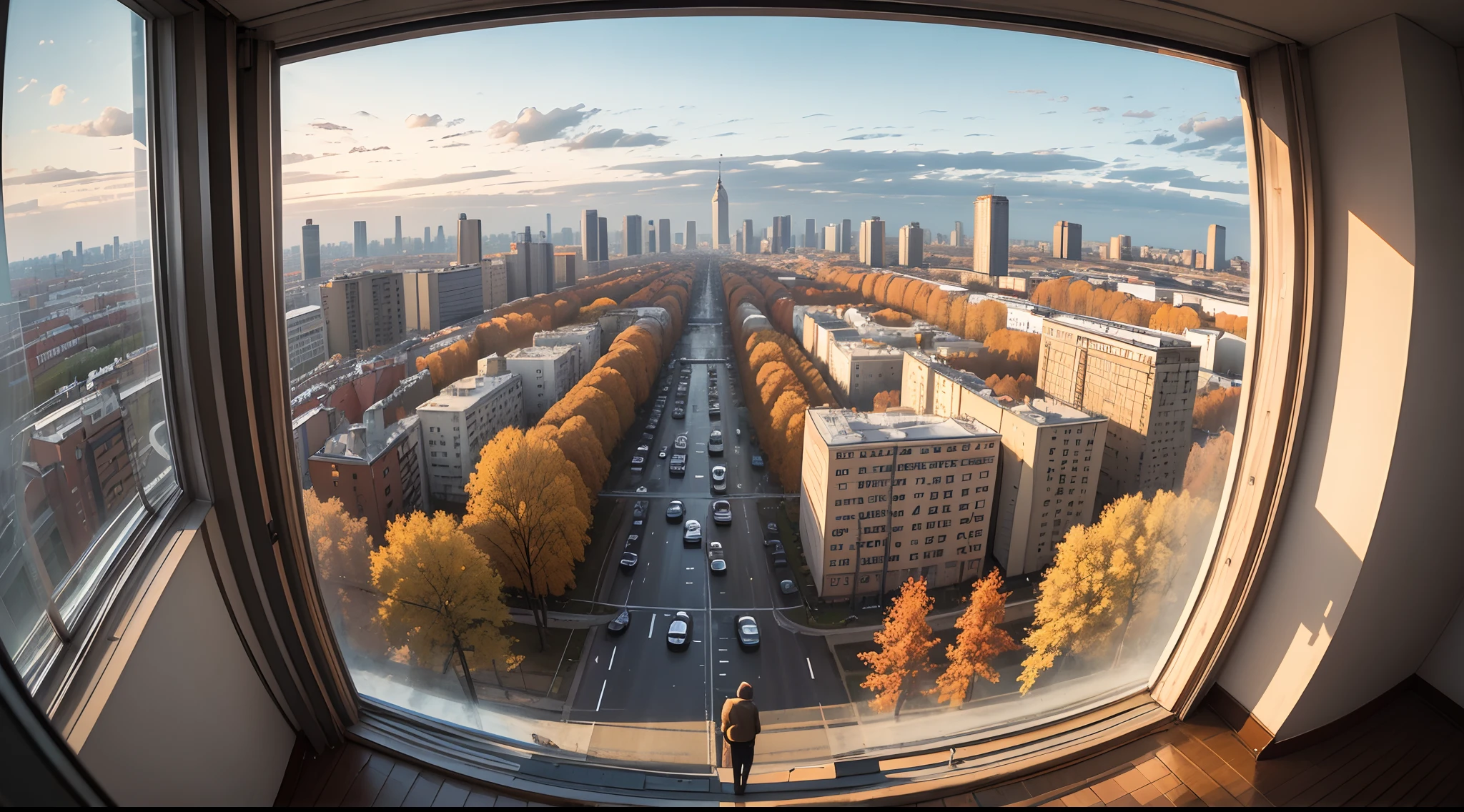 masterpiece, detailed, autumn, view of a city from a high rise building, minsk city, view from slightly above, the photo was taken from afar, urban view in the distance, rainy streets in the background, Belarus. wide shot, view from high, soviet apartment buildings, view over city
